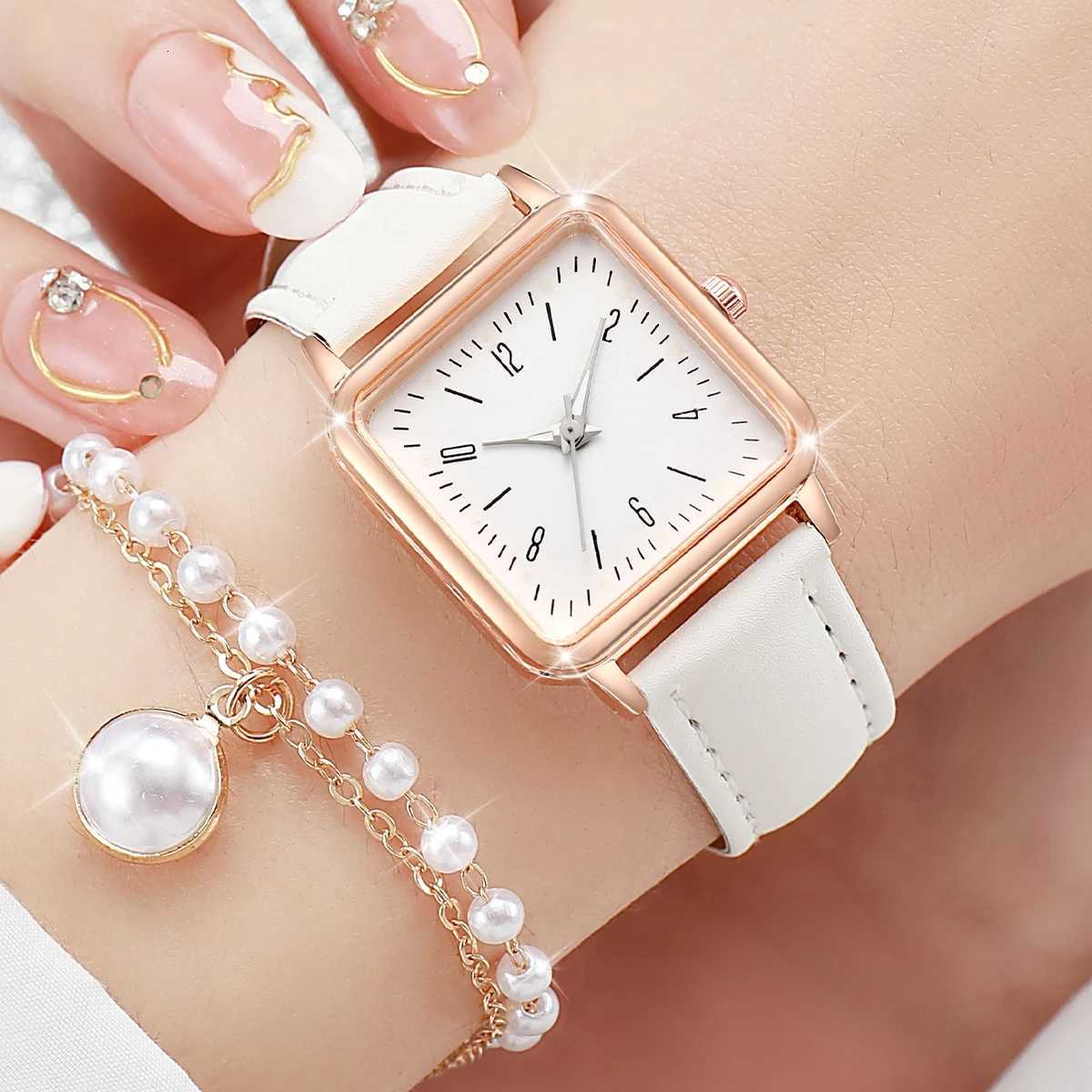 2PCSset Fashion White Leather Strap Square Quartz Watch with Pearl Bracelet for Wen X250904
