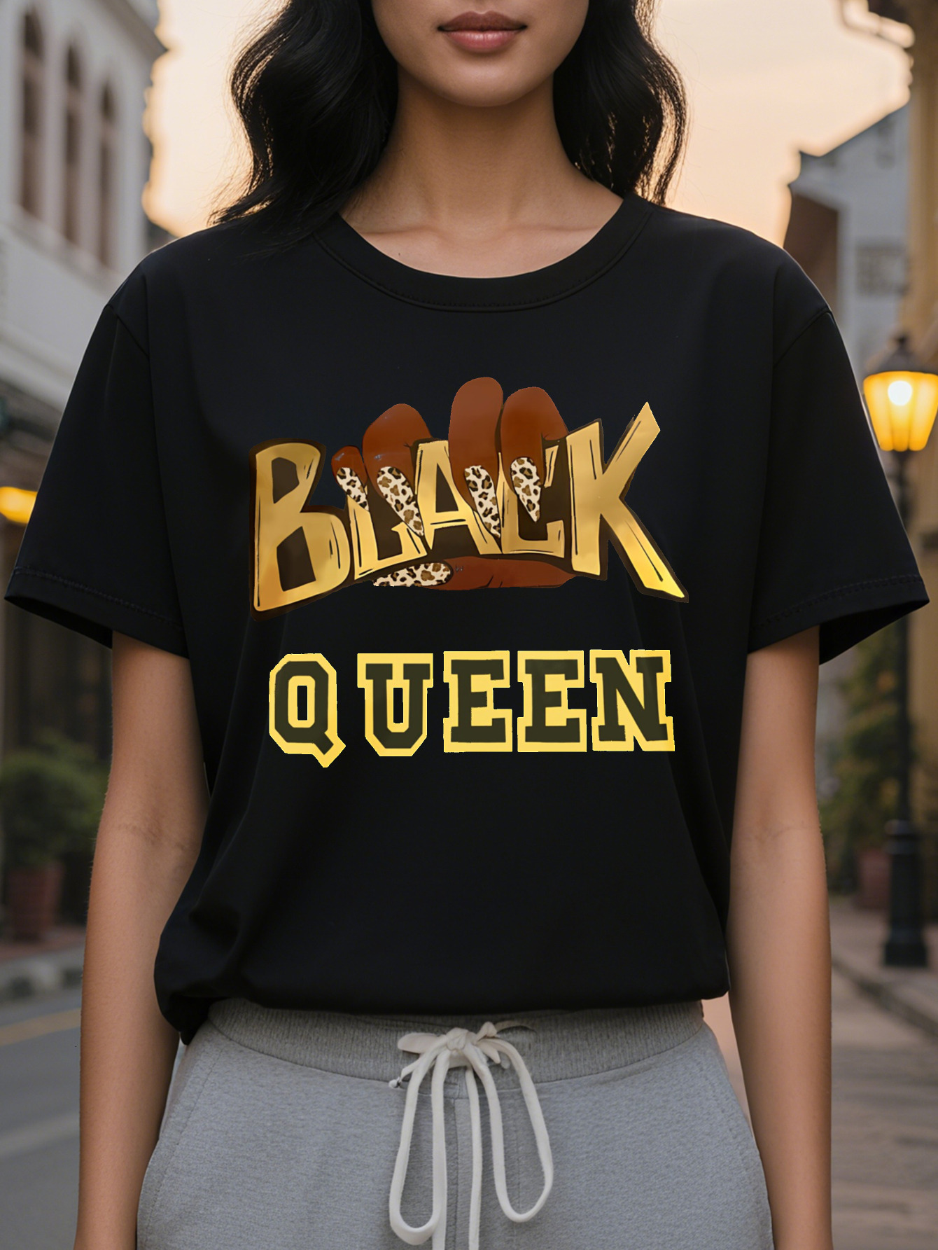 Large XL Women S Black Queen Graphic T-Shirt Beige Crew Neck Tee with Bold Golden Lettering Casual Everyday Formal Outfits Plus Size
