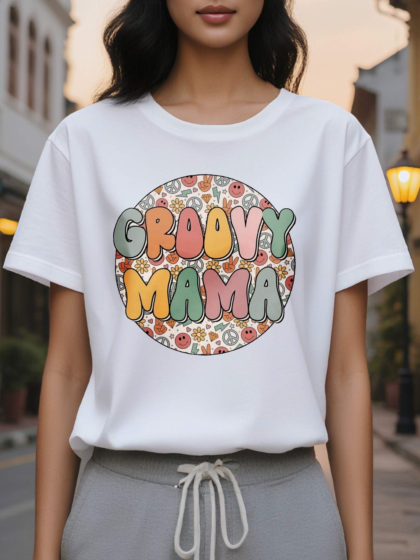 Groovy Mama Printed T-shirt Short Sleeve Round Neck Casual Top Spring Summer Women's Clothing