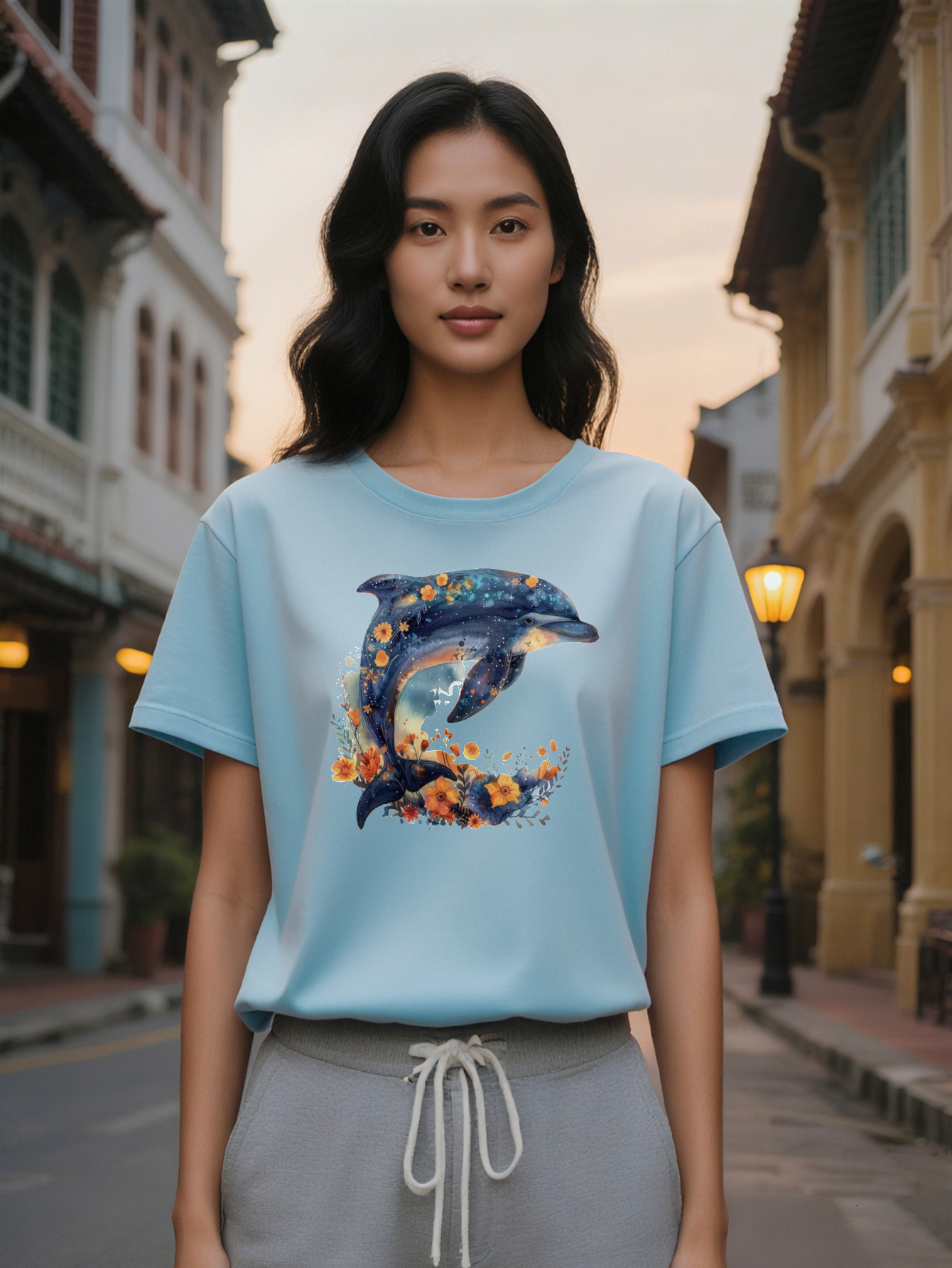 Lady Crew Neck T-Shirt with Vibrant Print Soft Pure Cotton Short Sleeve Summer Style Washable Perfect Gift