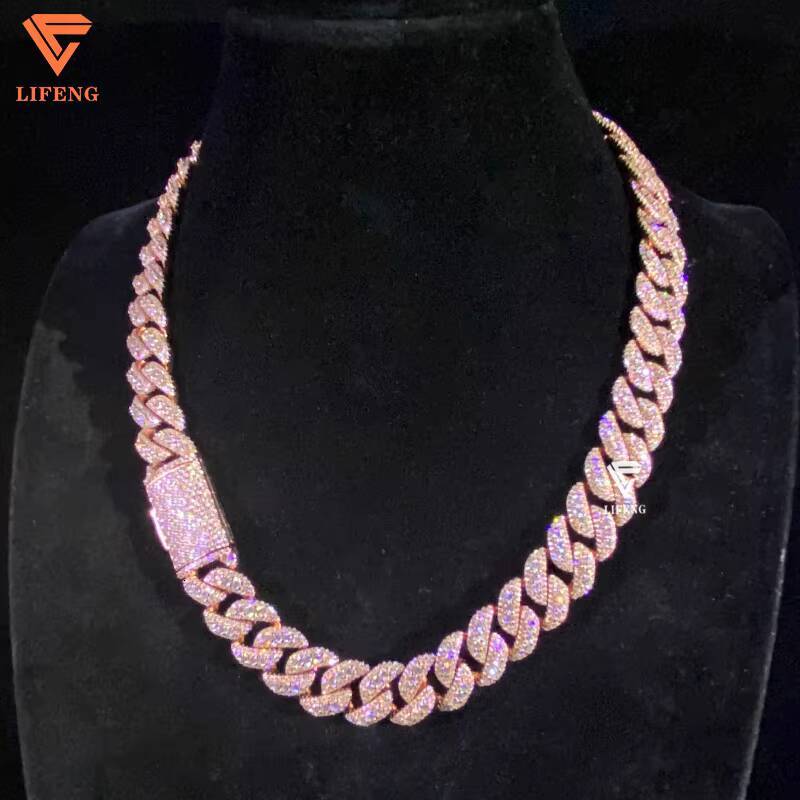 Rose Gold Plated 14mm VVS Moissanite Diamond Cuban Link Chain Hip Hop Jewelry Iced Out Cuban Necklace for Men 925 Silver Chain
