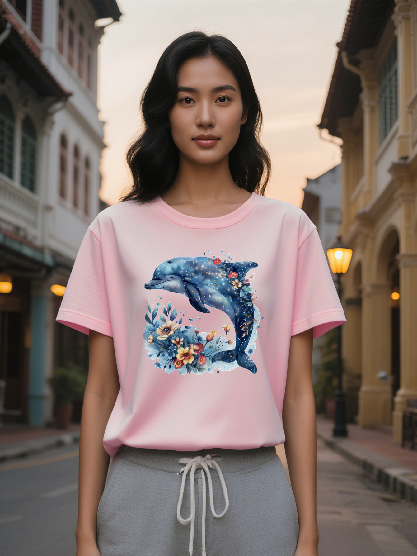 Lady Round Neck T-Shirt Vibrant Dolphin Floral Print High Washable Summer Fashion Top With Glossy Finish Ideal