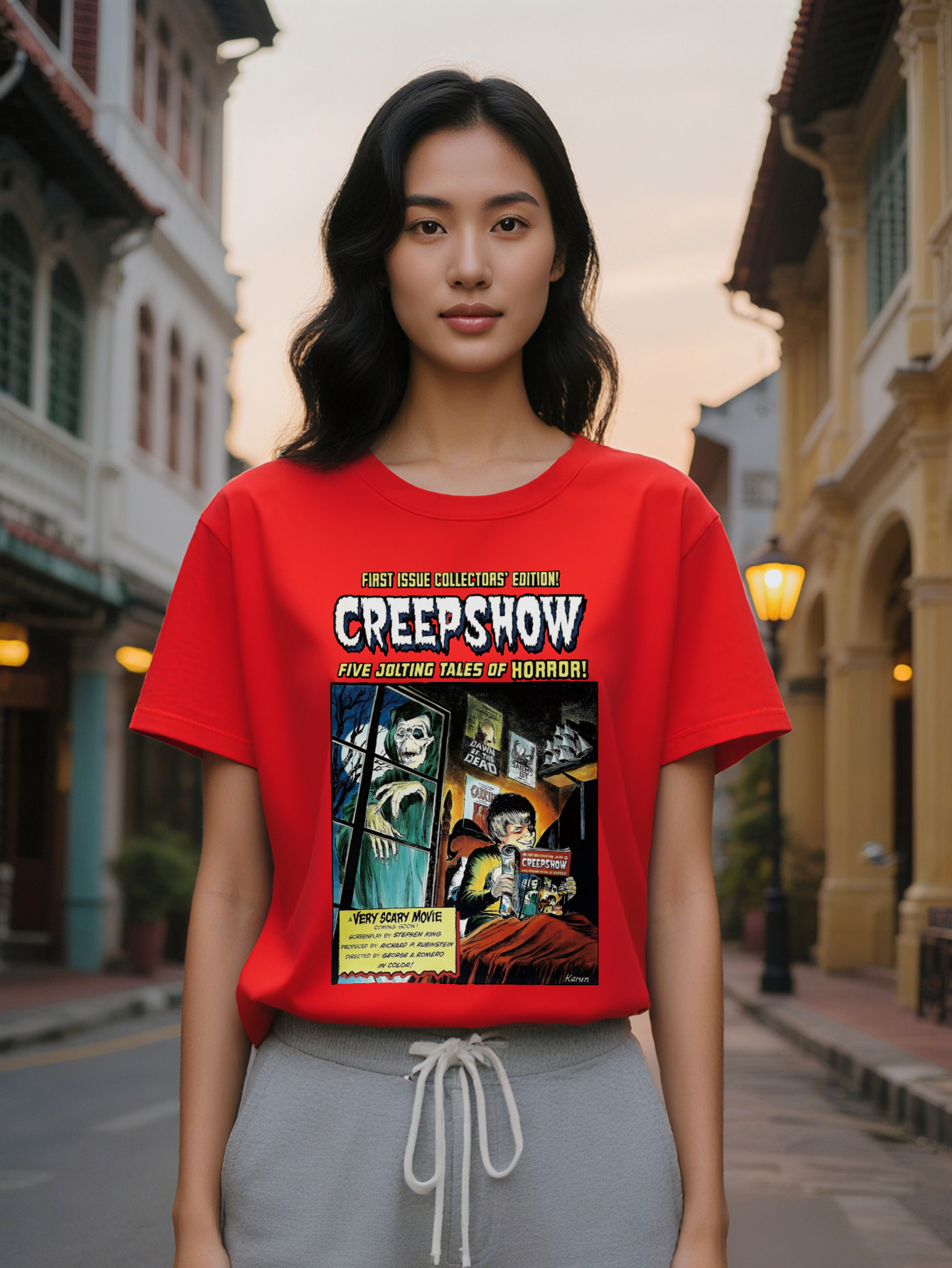 Large XL Lady Graphic T-Shirt Creepshow Five Jolting Tales Collection Casual Crew Neck Tee with Spooky Poster Design Perfect Plus Size