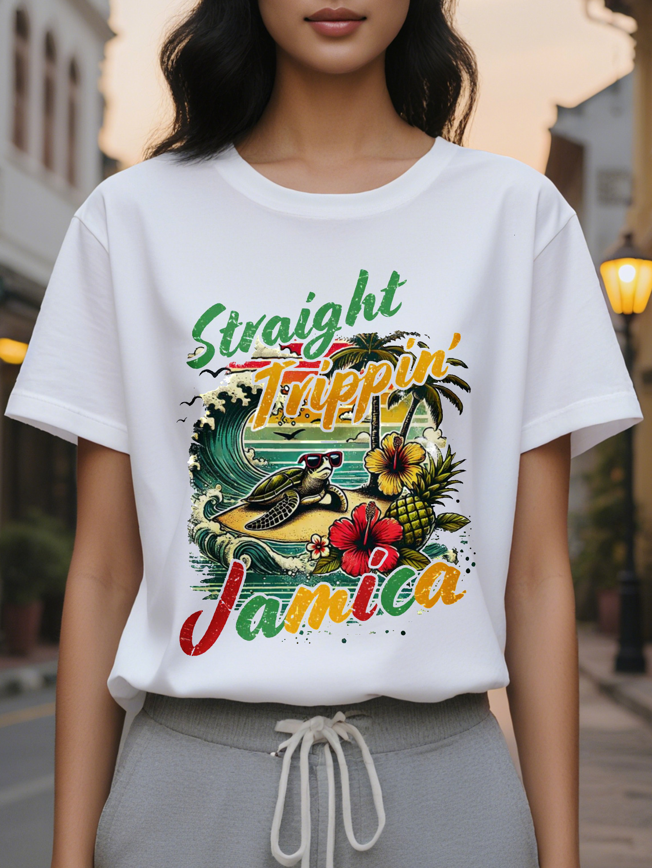 Women's elegant cuffs T-shirt, white tropical print with Straight Outta Taino Jamaica palm tree and wave design