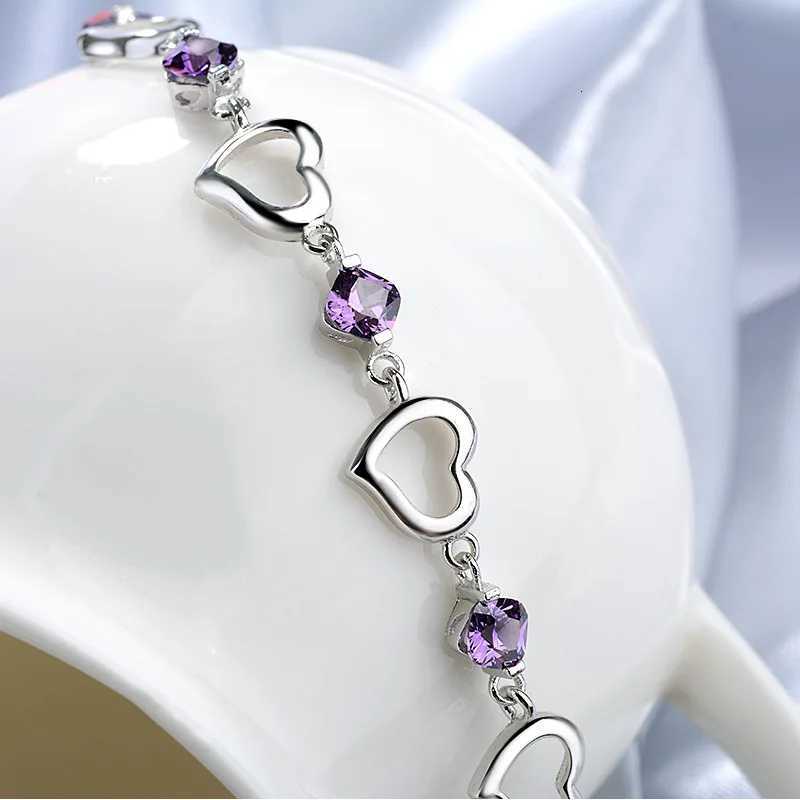 Sterling Silver Heart Shed Bracelet for Women Vintage Purple Amethyst Bracelets Jewelry Set Party Jewelry Bangles for WomenXJ250904