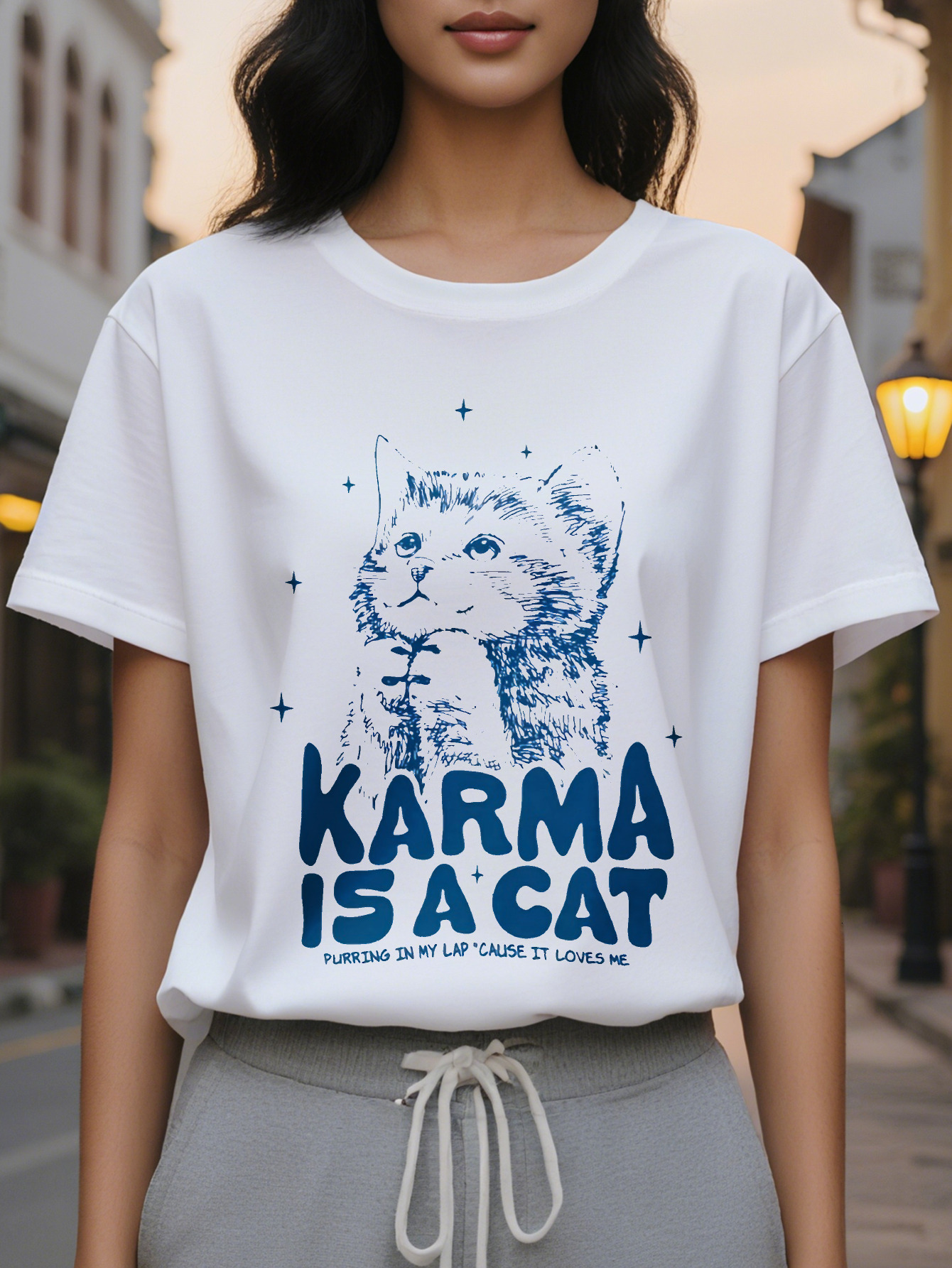 Karma is a cat print spring and summer casual short sleeve T-shirt women's clothing