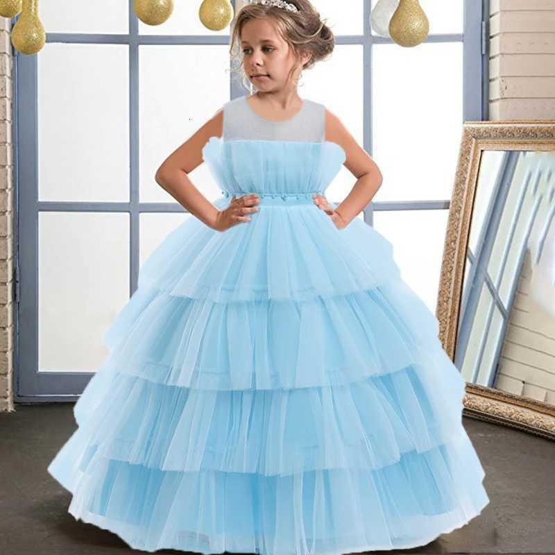 3-12 Years Elegant Wedding Party Girl Dresses Children Beading Bow Bridesmaid White Lace Princess Dress for Kids Birthday Prom Gown Z250904