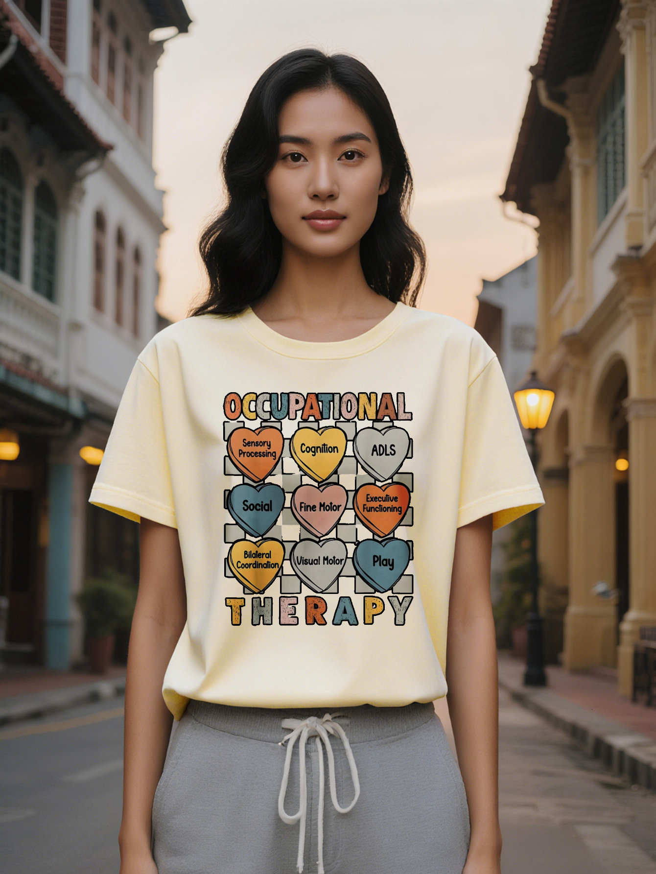 Large XL Women's Casual Round Neck T-Shirt with Occupational Therapy Heart Design Background Short Sleeve Summer Wear Perfect Plus Size