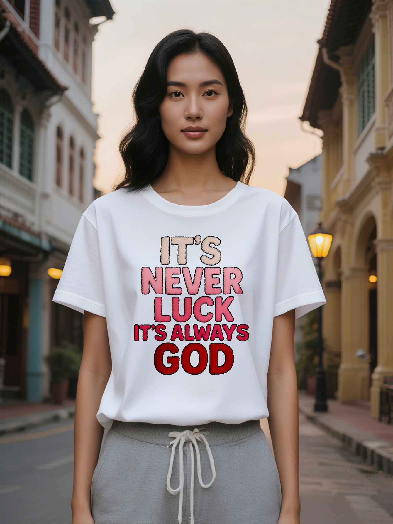 Large XL Lady Graphic T-Shirt with Never Luck It's Always God Print Black Light Pink Lettering Round Neck Summer Tee for Women Plus Size
