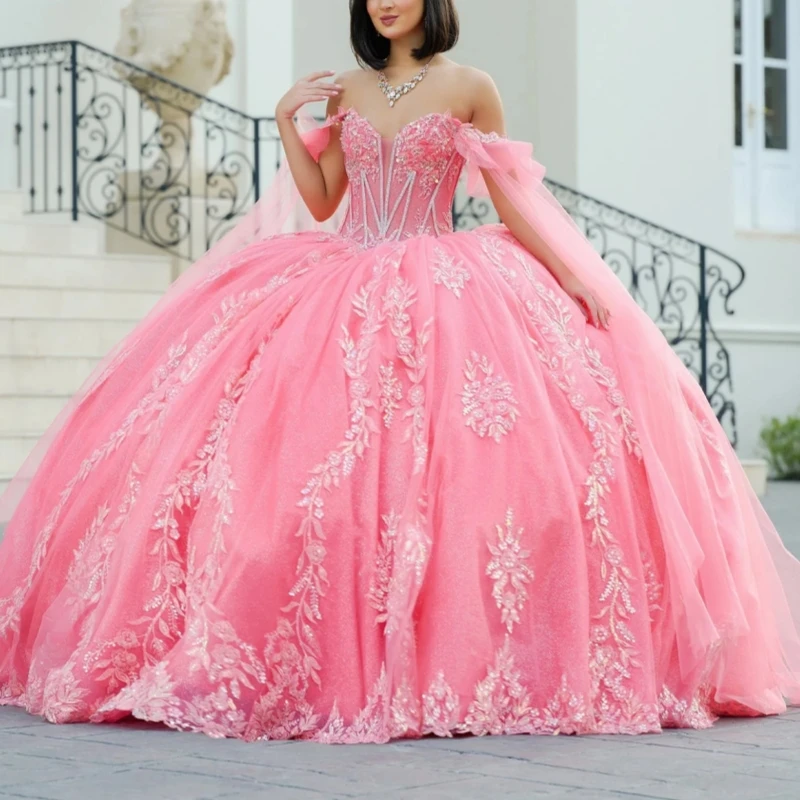Pink Shiny Quinceanera Dresses Ball Gown Off The Shoulder Applique Lace Beading Crystal With Cape Tull Sweet 16 Dress Vestidos 15 Anos