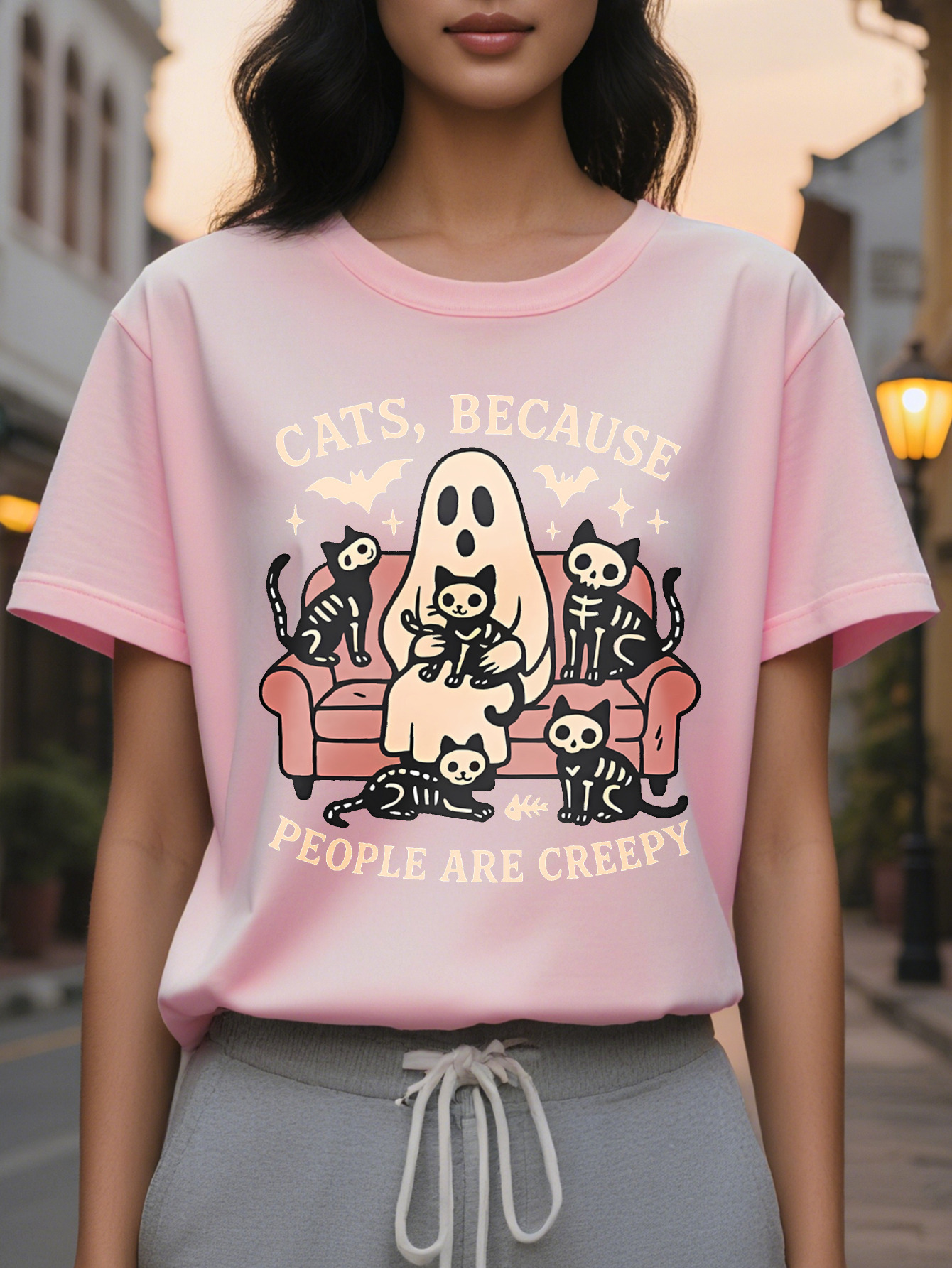 Women's Gothic Printed Sleeve T-shirt Funny Slogan Keep Cats Because Humans Are Too Scary Gray with Pink Black