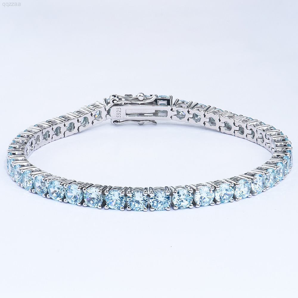 Luxury Iced Out Sea Blue Moissanite Tennis Chain Bracelet 925 Sterling Silver Hip Hop Aquamarine Cubic Moissanite Jewelry