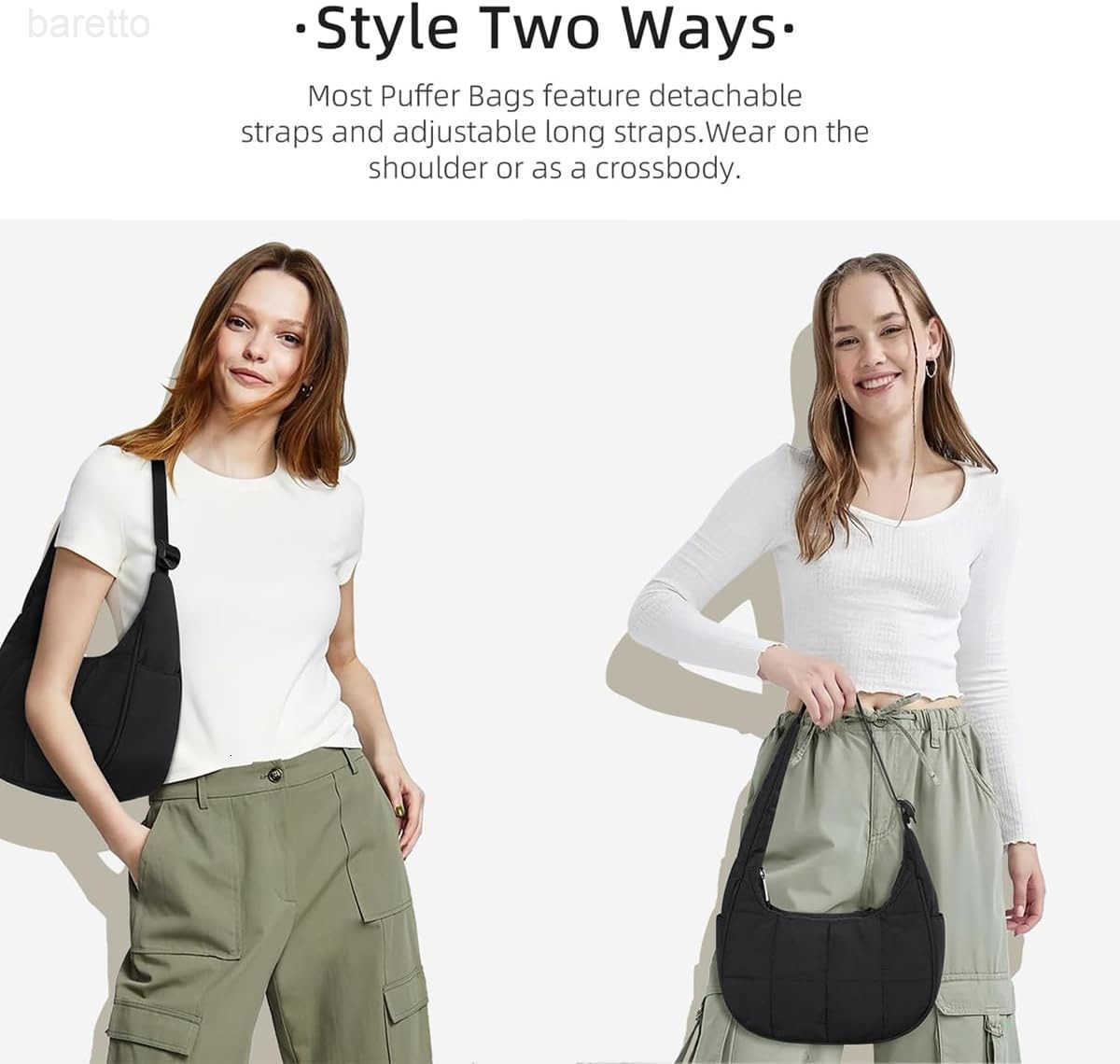 Quilted Puffer Tote Bag for WomenSmall Puffer Crescent Shoulder BagQuilted Nylon Crossbody Bag with Adjustable Strap M250903