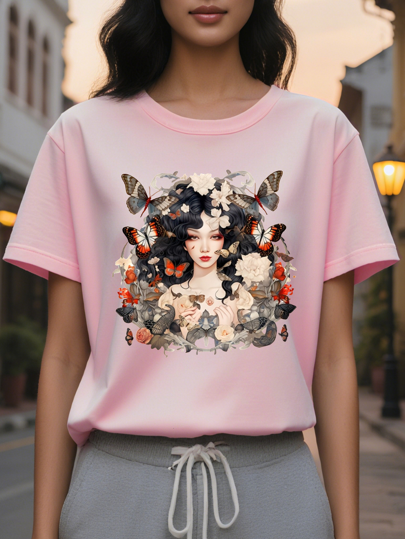 Ladies Butterfly Floral Print T-Shirt Lightweight Square Meters Cotton Fiber Round Neck Short Sleeve Top