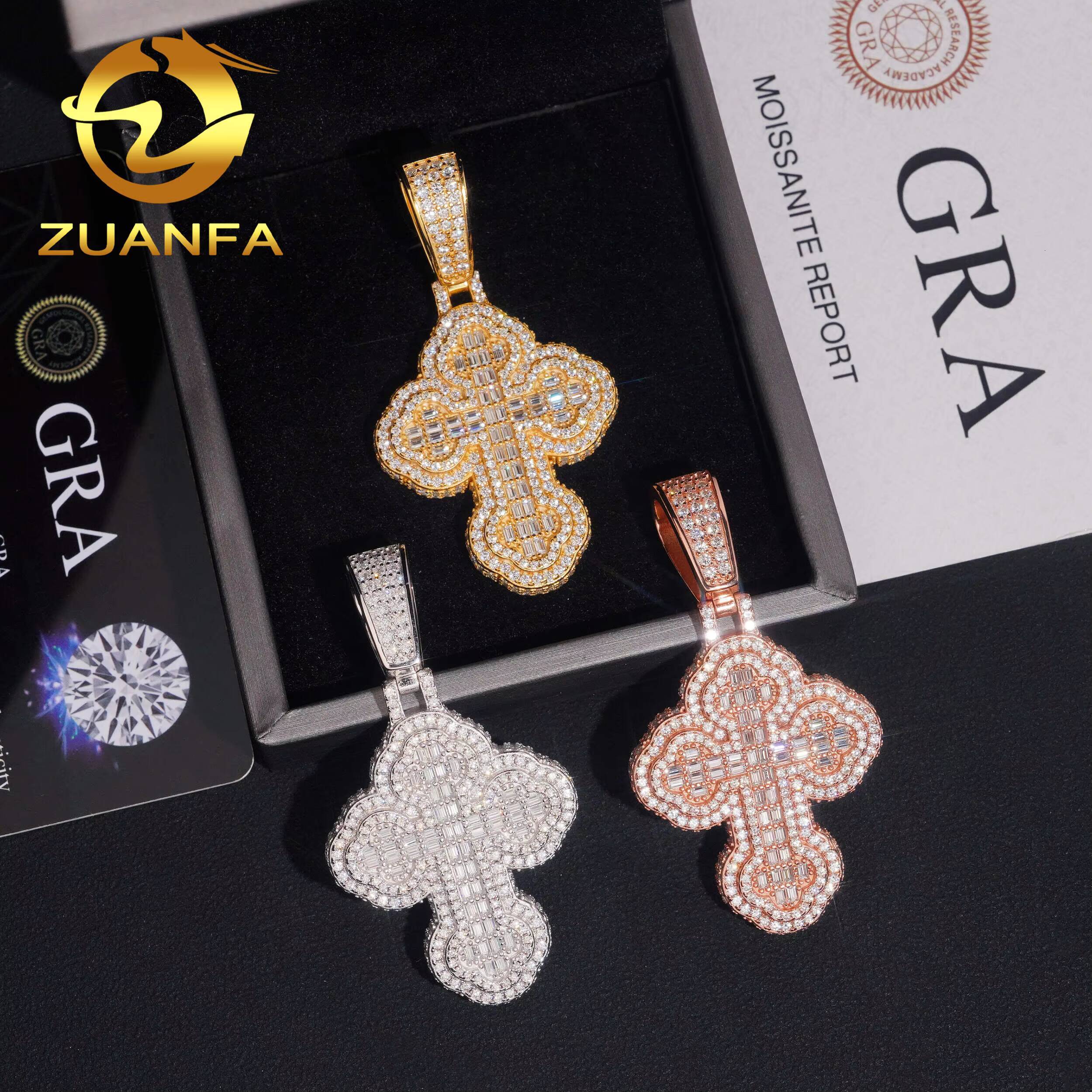 Ready Shipping Hip Hop Jewelry Cross Moissanite Pendant Silver 925 Iced Out Moissanite Iced Out Cross Pendant With Rope Chain