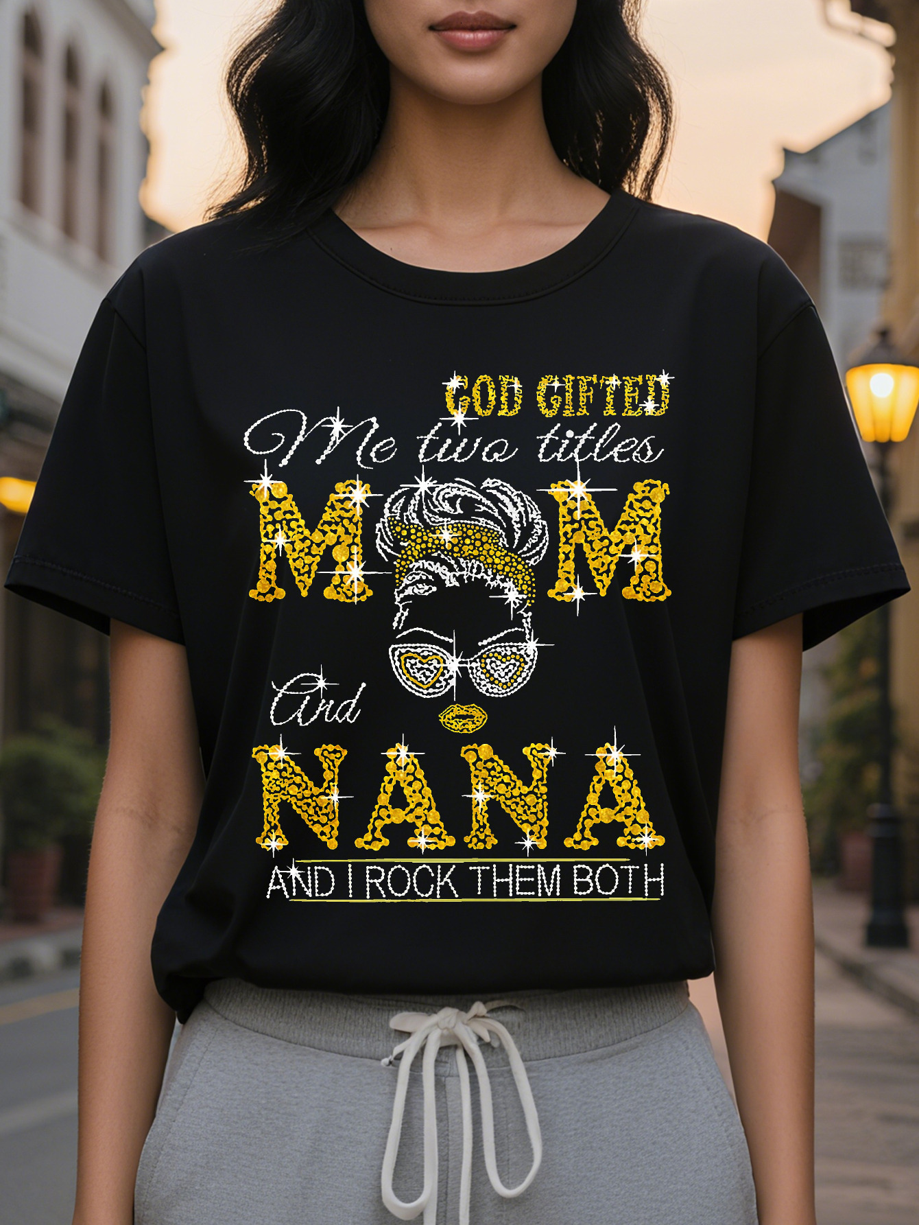 MM NANA MAM Women's Mom Graphic T-Shirt Glitter Text Fashion Glasses Design Casual Short Sleeve Crew Neck Top