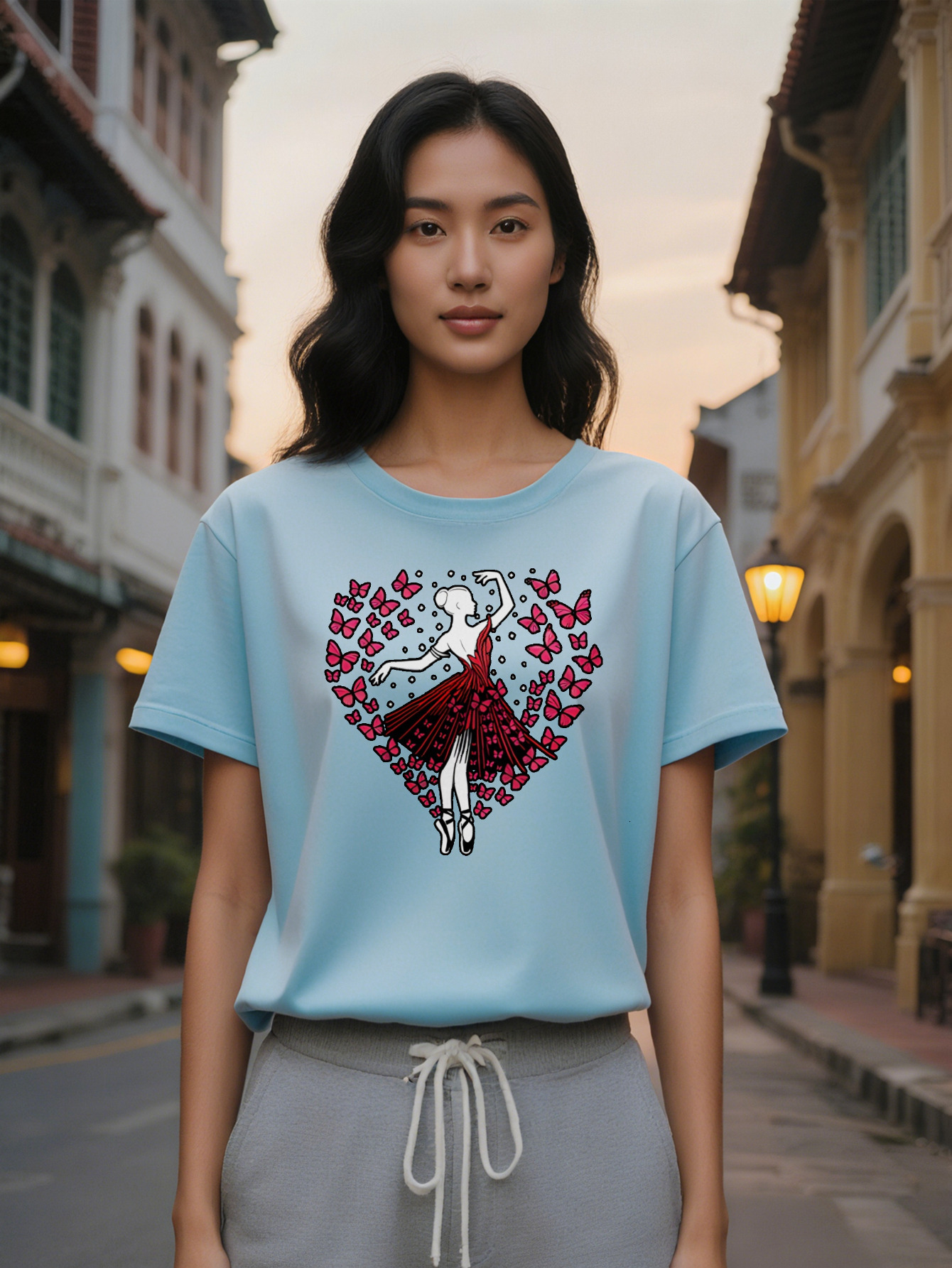 Large XL Women's Casual Crew Neck T-Shirt with Ballet Dancer Red Heart Floral Print Black Summer Graphic Tee Breathable Regular Plus Size