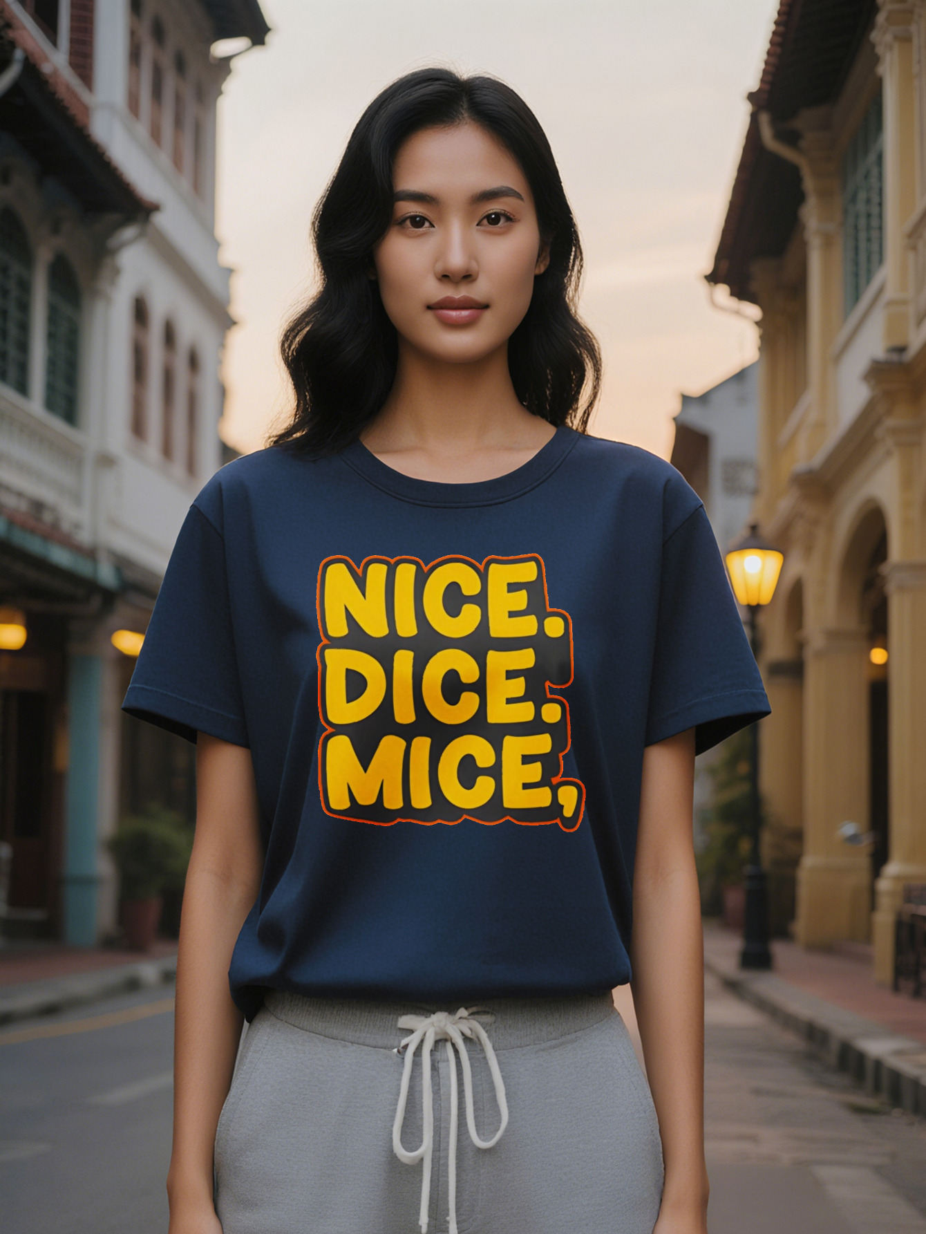 Lady Casual Nice Dice Mice T-Shirt Black with Orange Border Round Neck Stretch Fabric Summer Style Perfect Gift