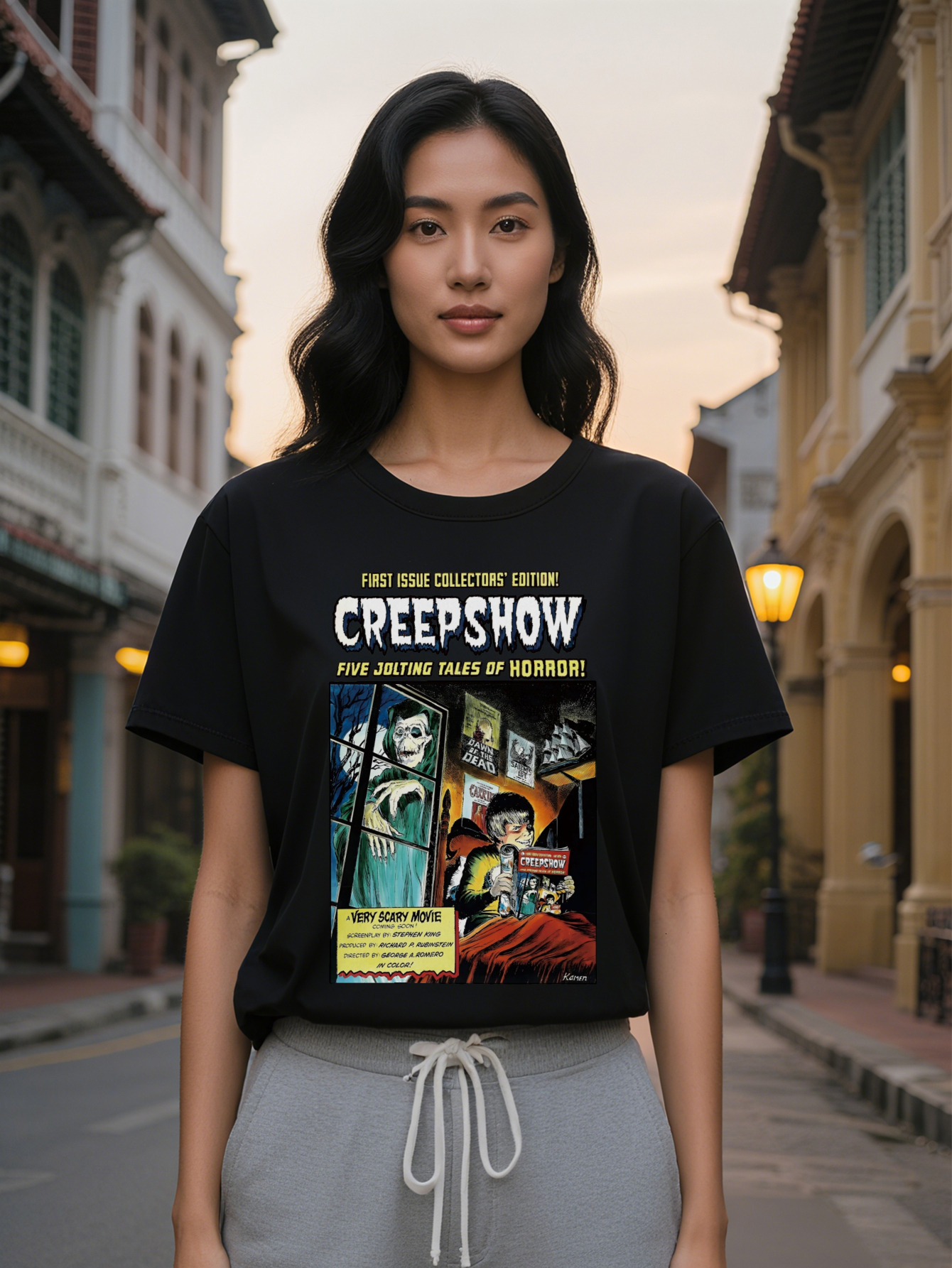 Large XL Lady Graphic T-Shirt Creepshow Five Jolting Tales Collection Casual Crew Neck Tee with Spooky Poster Design Perfect Plus Size