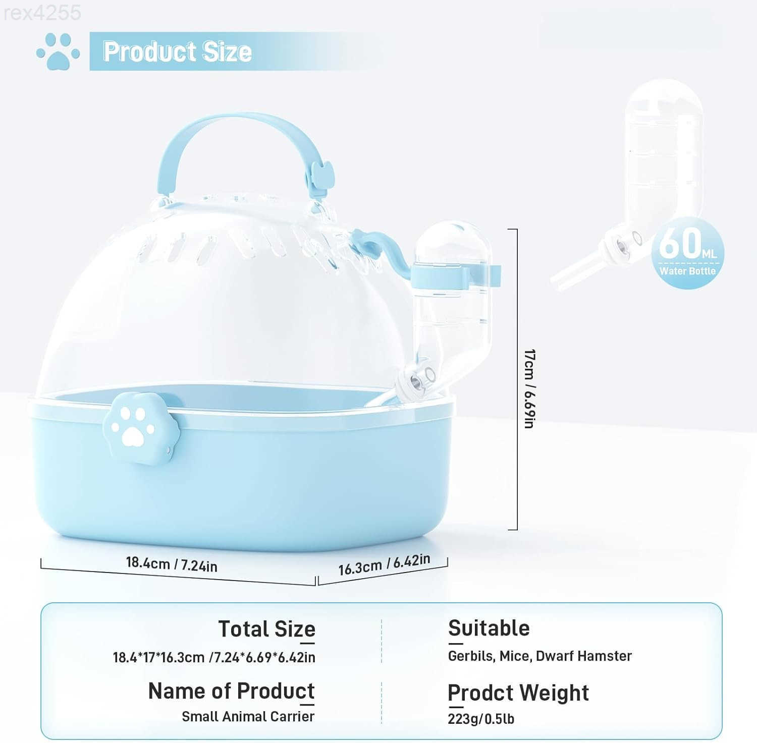 Small Animal Carrier Cage with Water Bottle Portable Hamster Travel Carrier Carry Case 724 L669 W 642 H for Small Pets Gerbils Mice Dwarf Hamster Blue