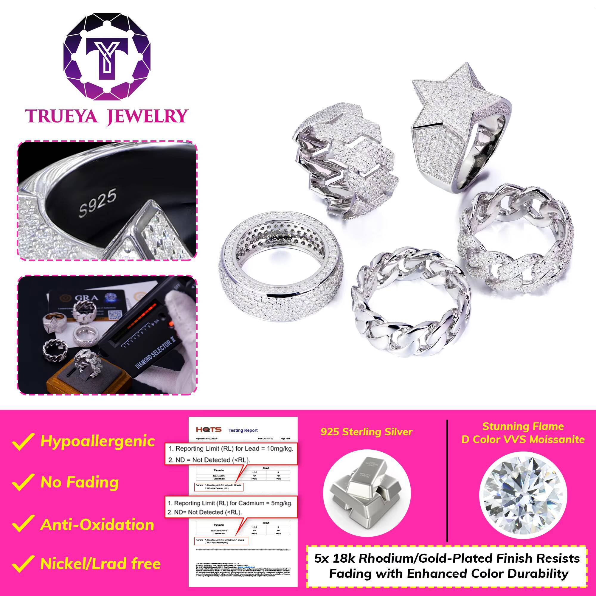 Ready Stock Wholesale Mens Jewelry 925 Sterling Silver Fully Iced Out VVS Moissanite Diamond Hip Hop Rings for Men