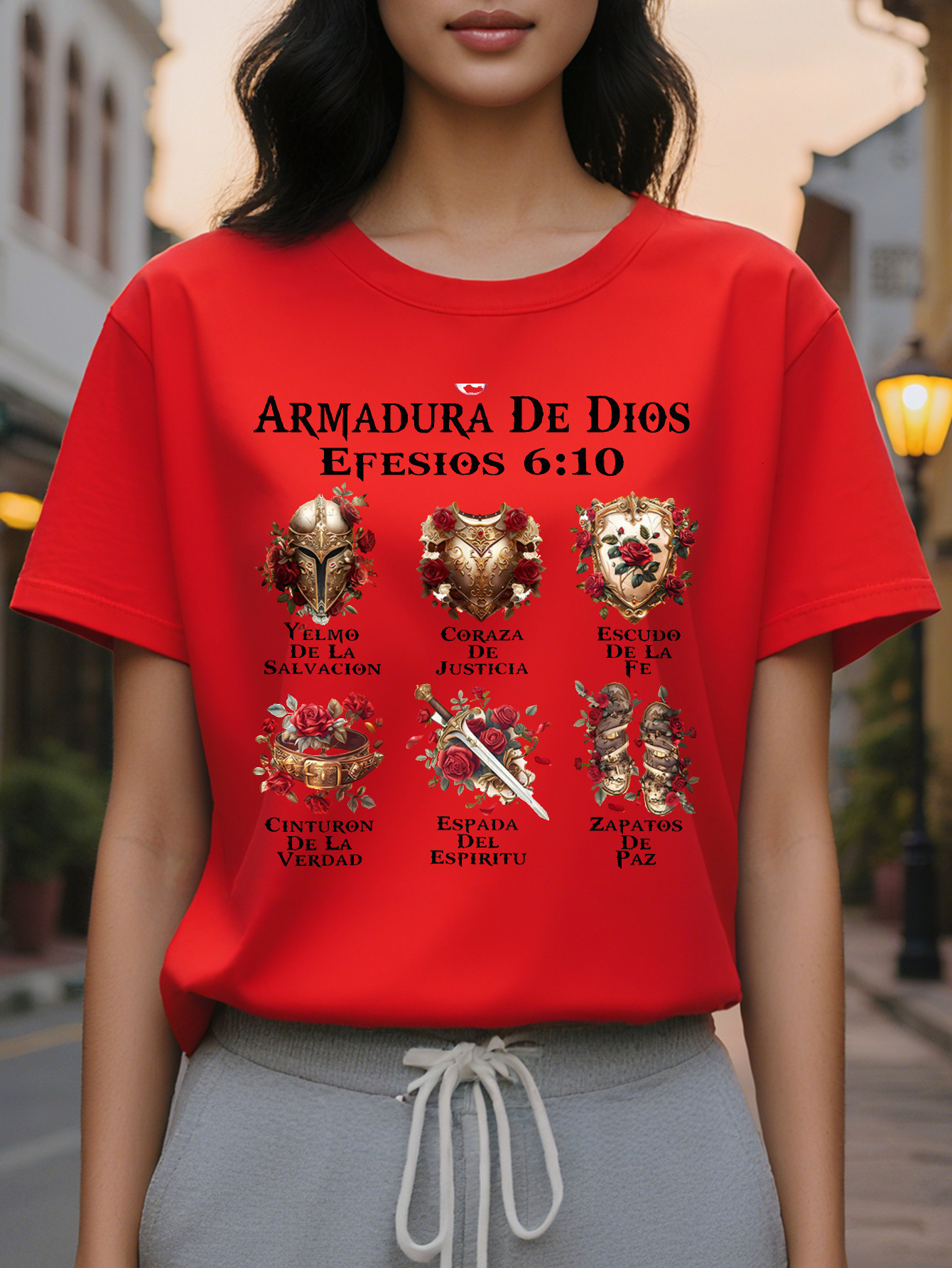 Women s Casual Short Sleeve T Shirt White Religious Spanish Scripture Armor Printed Stretchy Round Neck Top