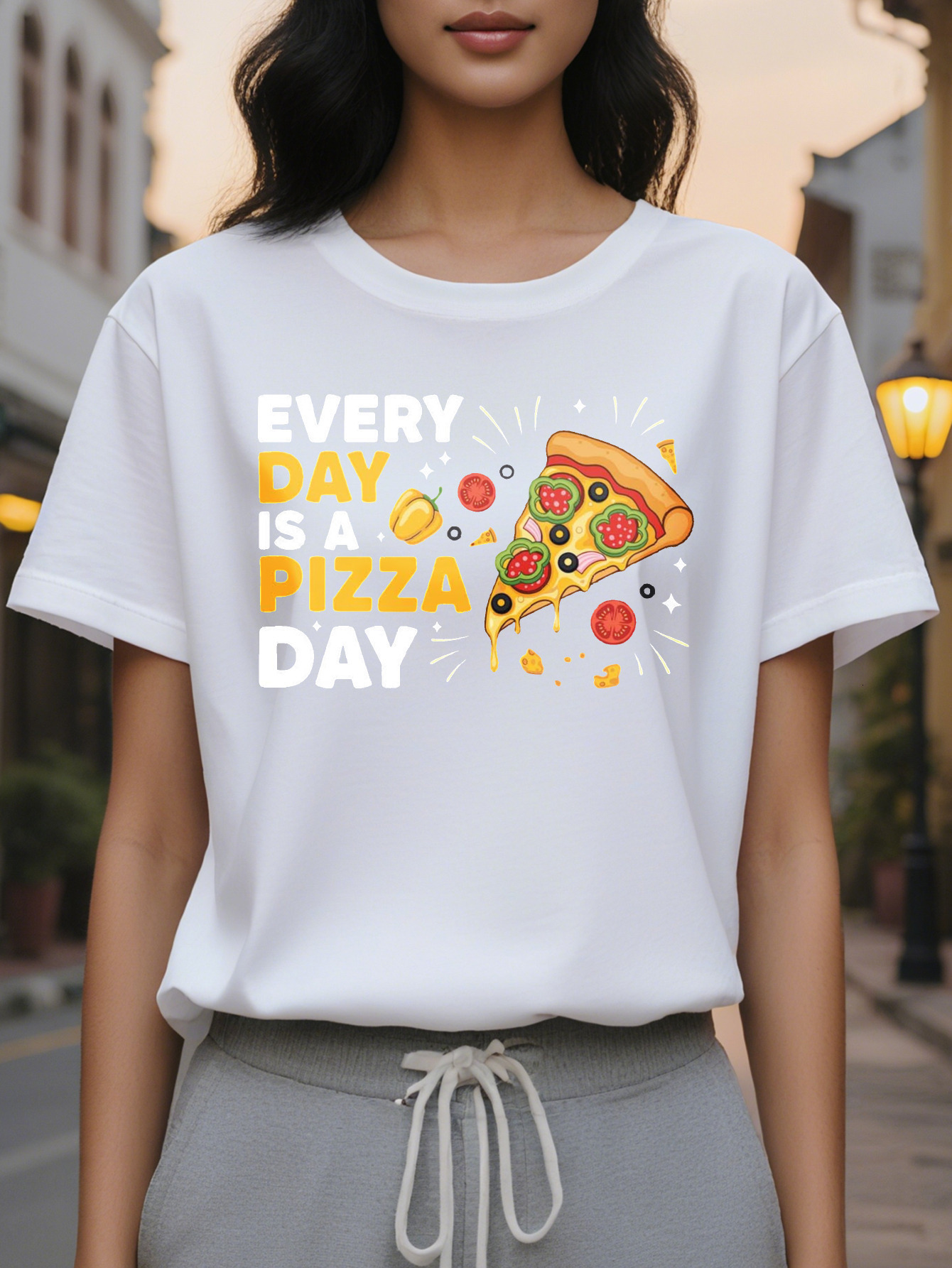Women's Black Lover Pattern Funny is Day Sayings Soft Everyday Casual T-Shirt Pizza Parties and