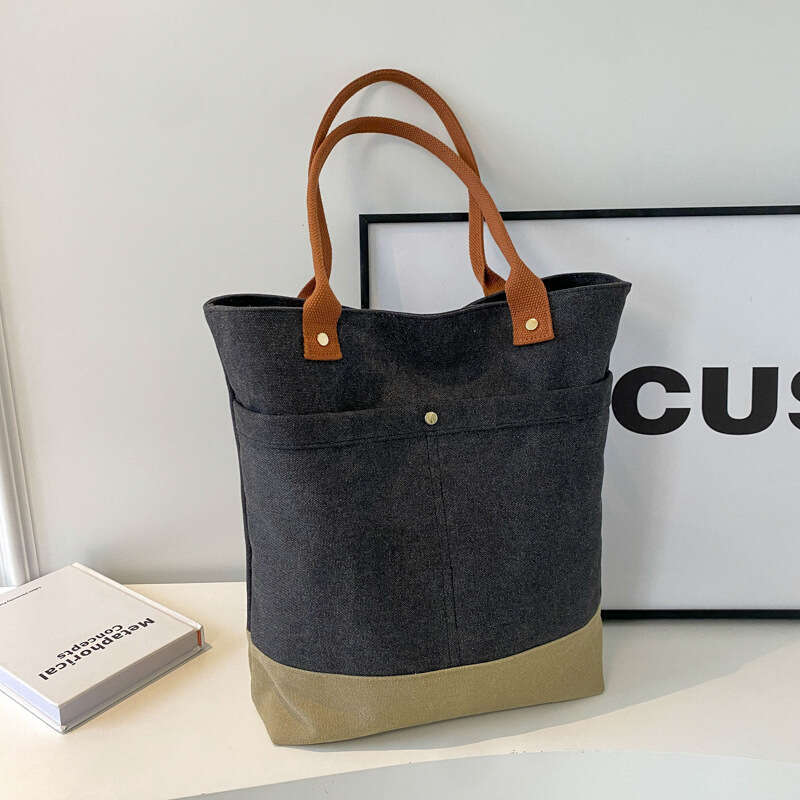 Korean Fashion Patchwork Large Capacity Thick Bucket Canvas 2025 New Style Textured Casual Versatile Shoulder Bag