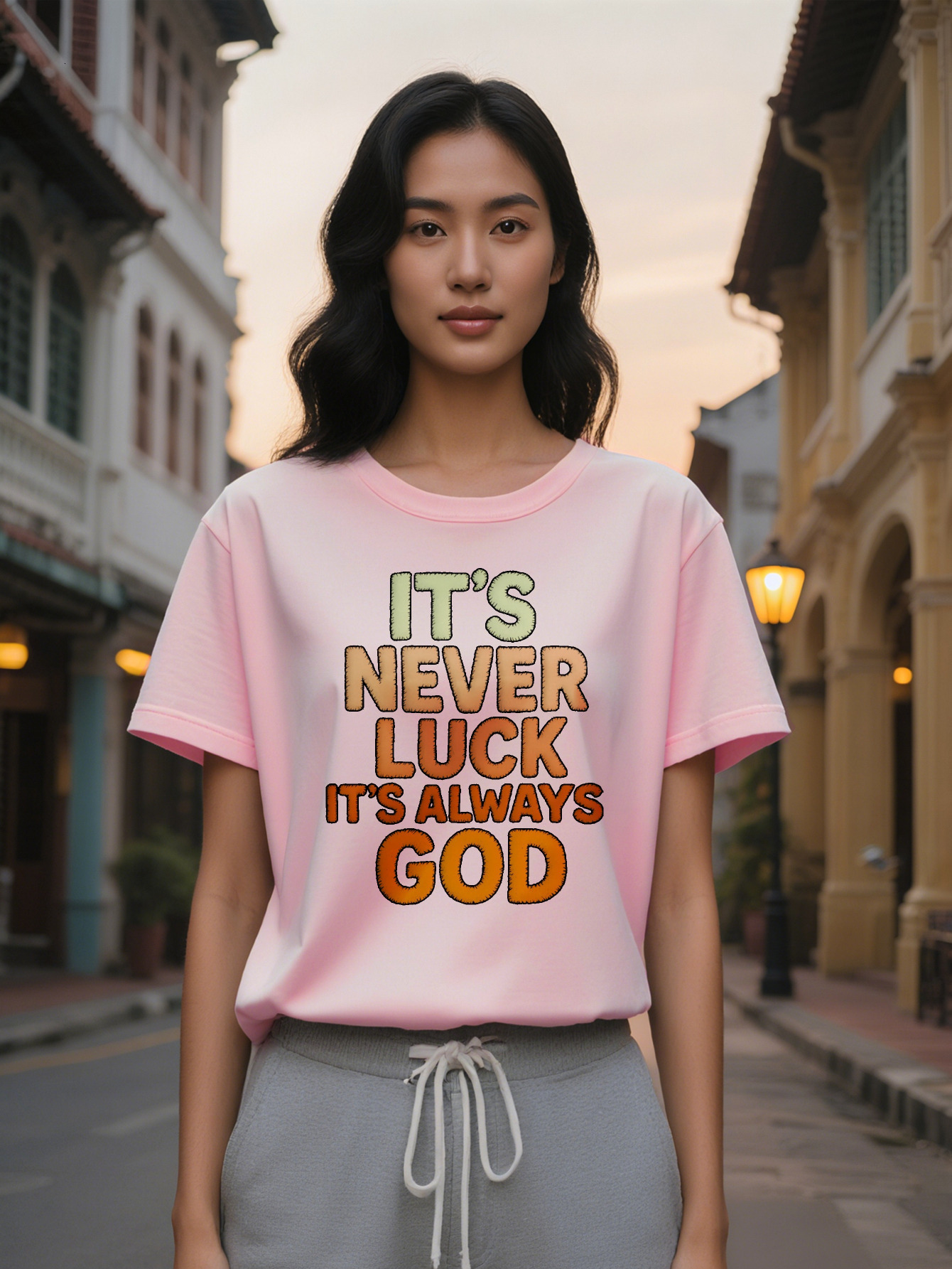 Large XL Women's Casual T-Shirt with Inspirational Never Luck It's Always God Print Black Orange Light Green Lettering Soft Plus Size