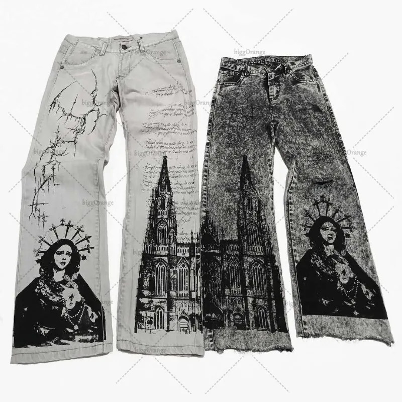 Hiphop Gothic High Street Harajuku Loose Washed Straight Wide Legs Men Rock Dark Y2K American Retro Oversized Jean 250823