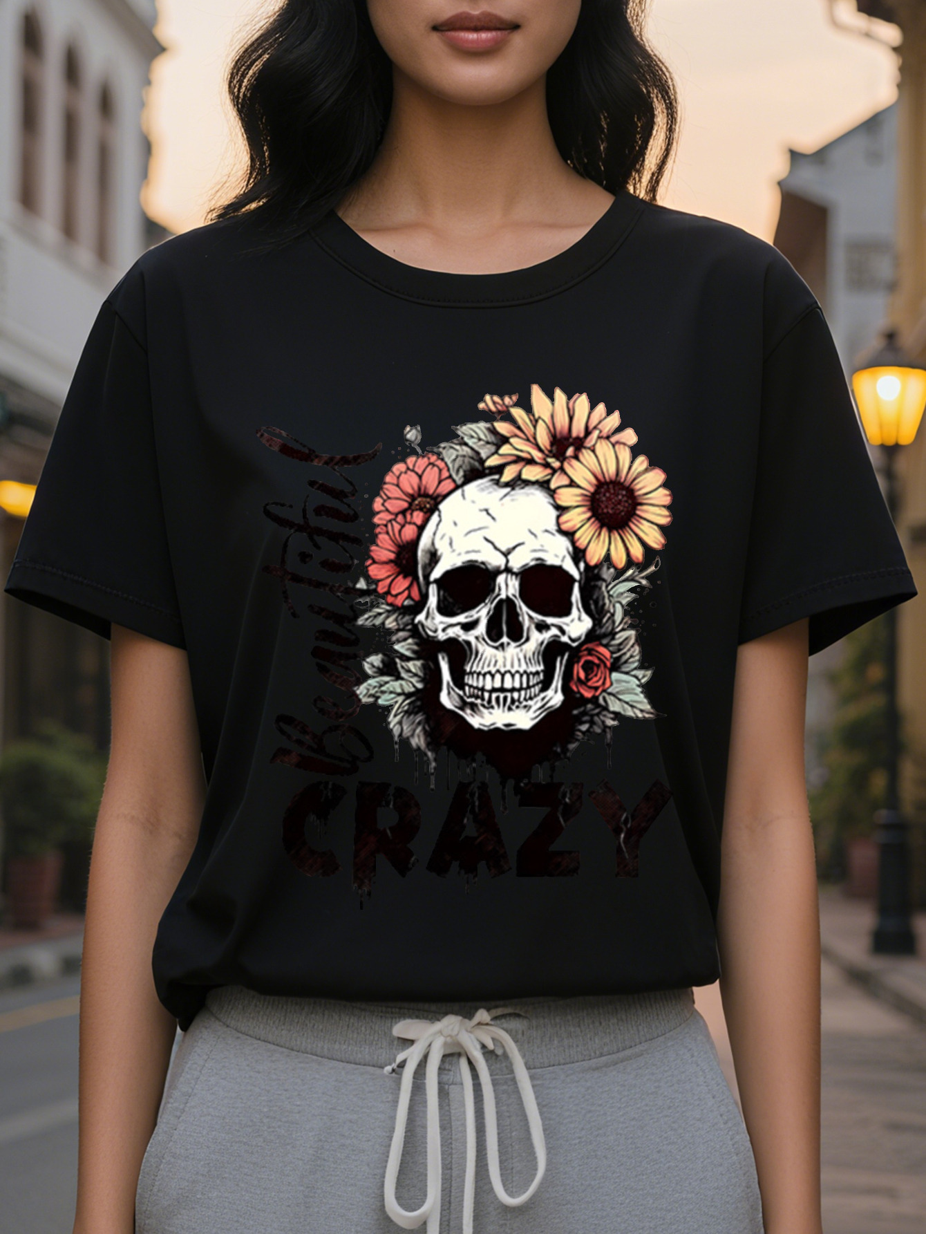 Ladies Casual Crew Neck T-Shirt Printed with Bloody Madness Print Cotton Knitted Fabric Regular Length Spring