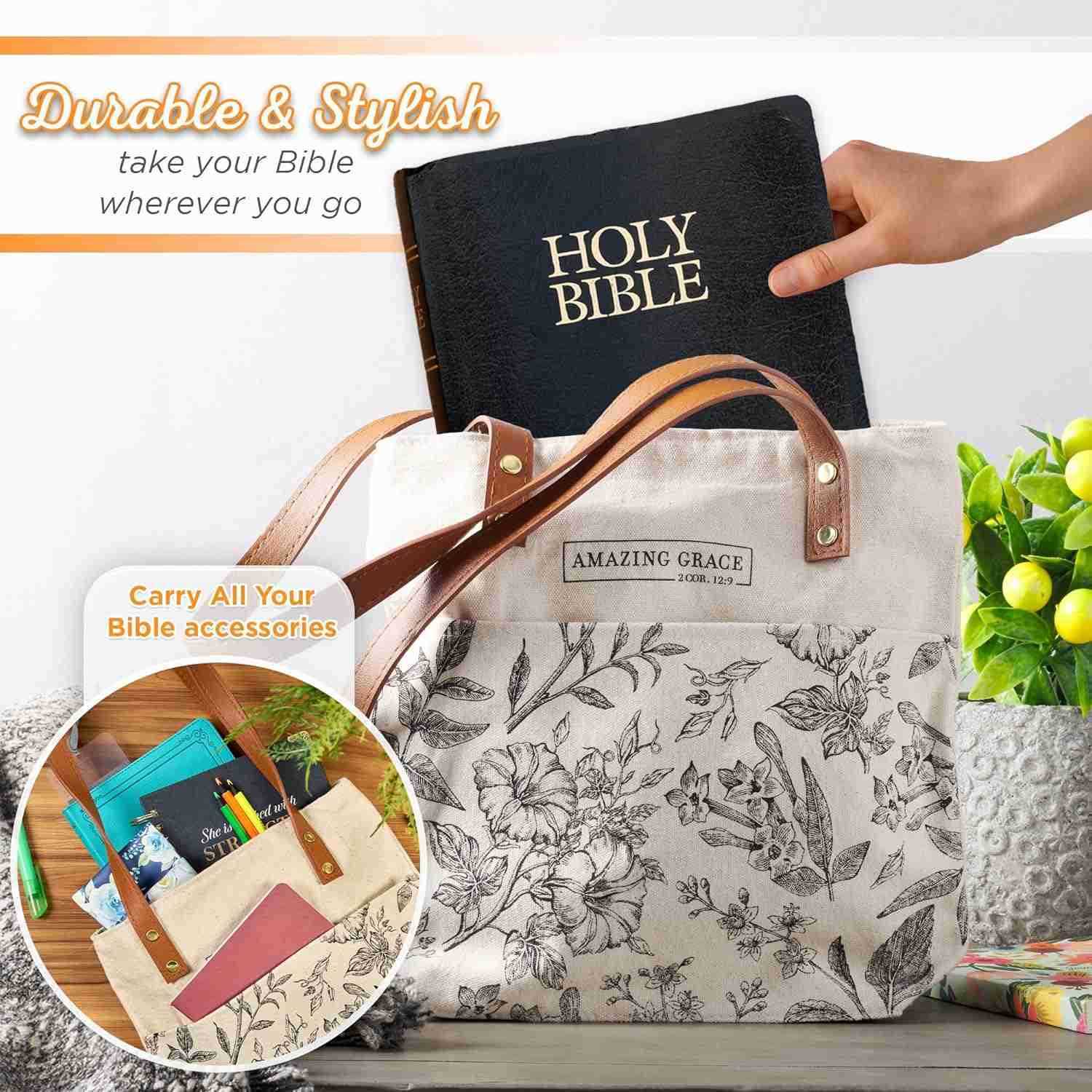 Tote Bag for Women Amazing Grace Inspirational Scripture for Shopping Supplies Books Accessories Vegan Leather Pocket Zippered CW250904