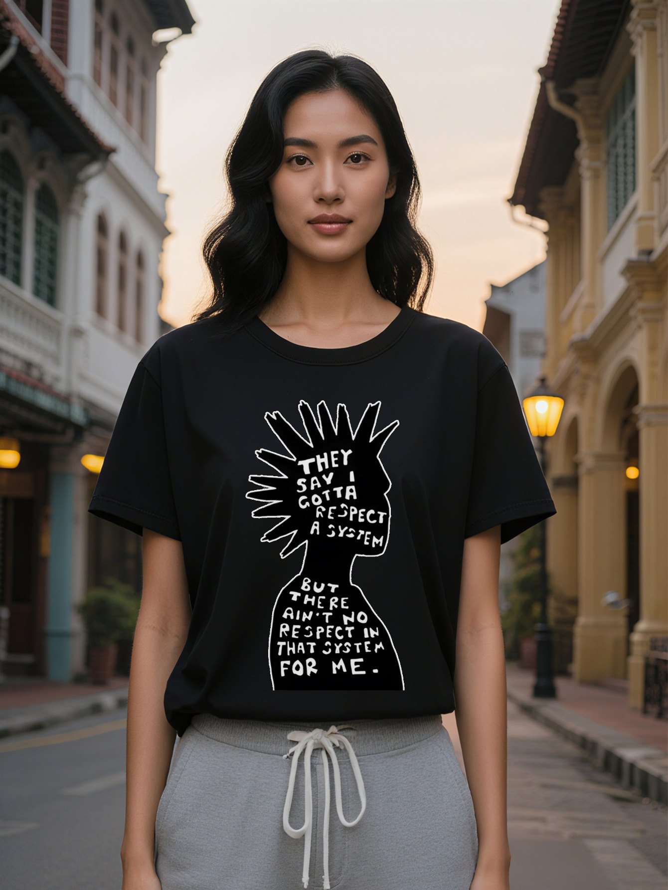 Large XL women's crew neck T-shirt with Silhouette Print They Say I Gotta a But There's No Respect in That System Me Plus size