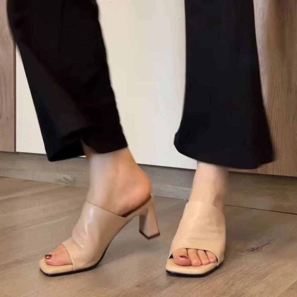 Sheepskin Version ~ French Style Elegant for Women Squ Minimalist High Heels Open Toe Chunky Heel One Designer Shoe Strap Sandals