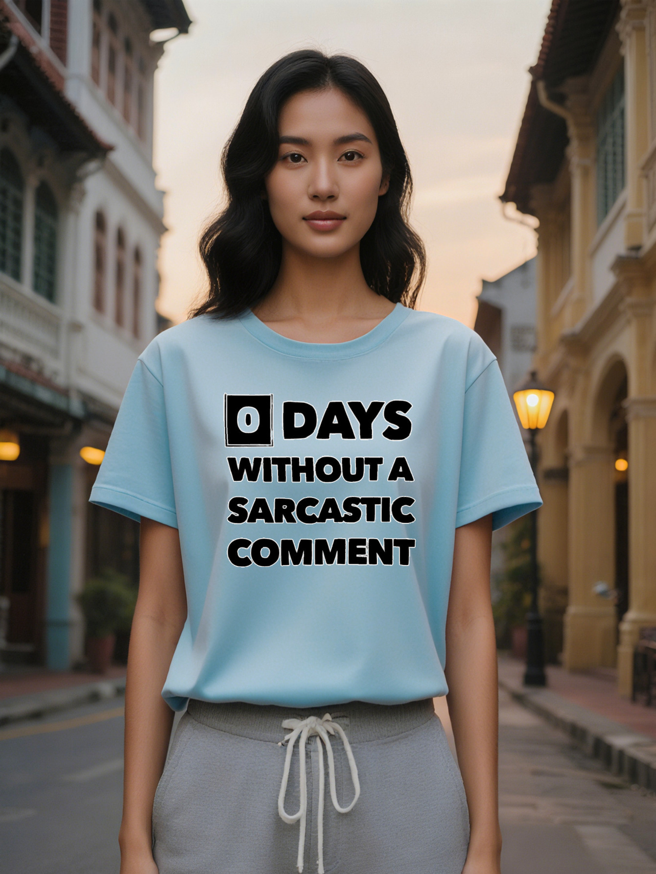 Lady Casual Black T-Shirt with Days Without a Sarcastic Comment Graphic Perfect for Gifts Summer Style Round Neck