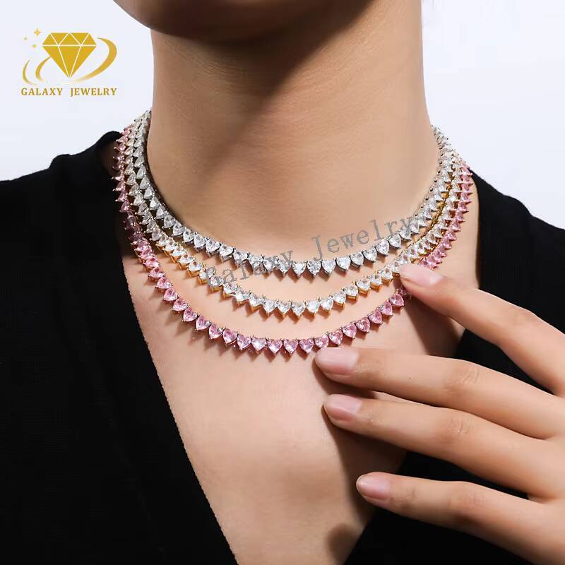 High Quality Women Jewelry Wholesale Mossanite Chain S925 Silver 6mm Heart Moissanite Lab Grown Diamond Tennis Chain Necklace
