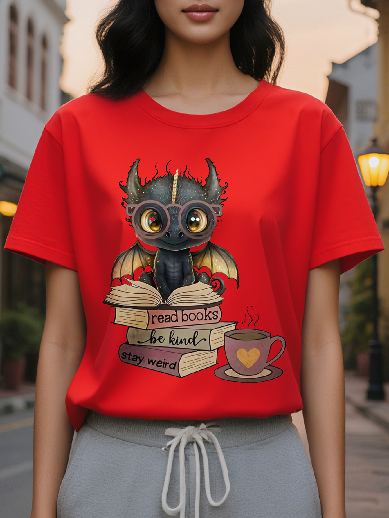 Large XL Soft Graphic Women's T-Shirt Cute Dragon Print with Read Books Be Kind Stay Weird Light Beige Round Neck Tee Plus Size