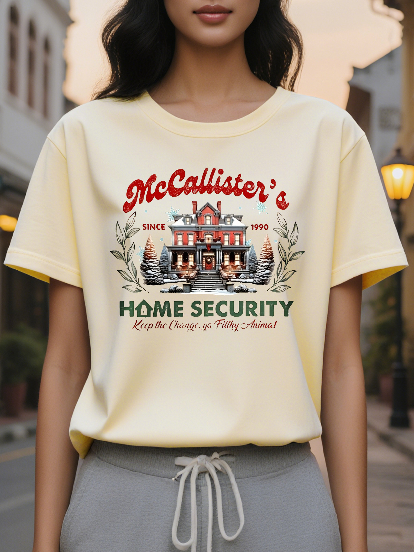 Women Cozy Crew Neck with Festive McCallister S Home Security Graphic Beige Holiday Themed Design Allseason