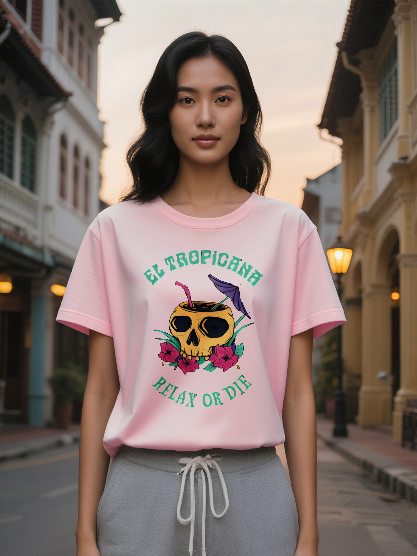 Large XL Casual Short Sleeve T-Shirt Black Tropical Skull Tail Graphic with EL TROPICANA RELAX OR DIE Text Round Neck Summer Plus Size