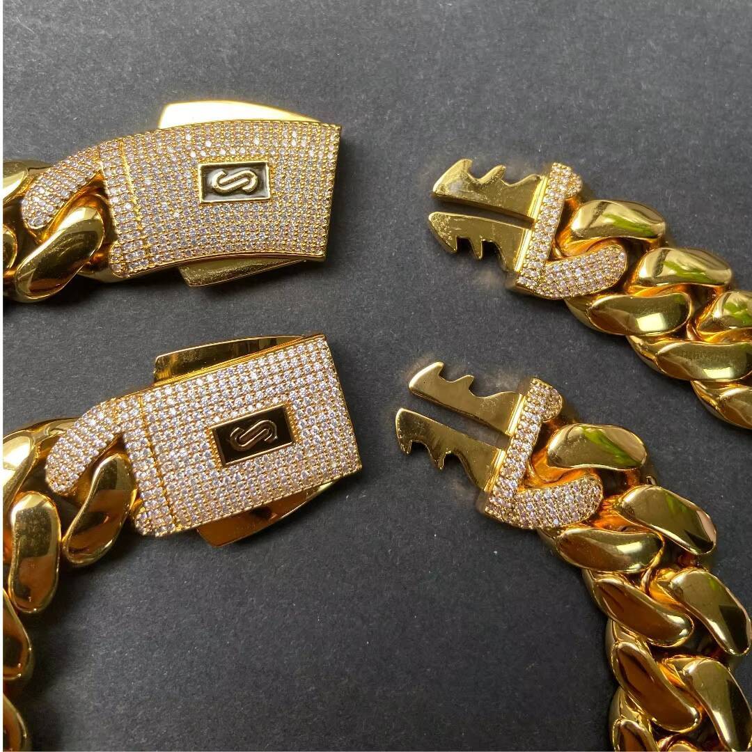 14K18K Gold Plated Cuban Link Chain Monaco Solid Brass Hip Hop Jewelry Iced Diamond Clasp Flat Miami Cuban Link for Men Women