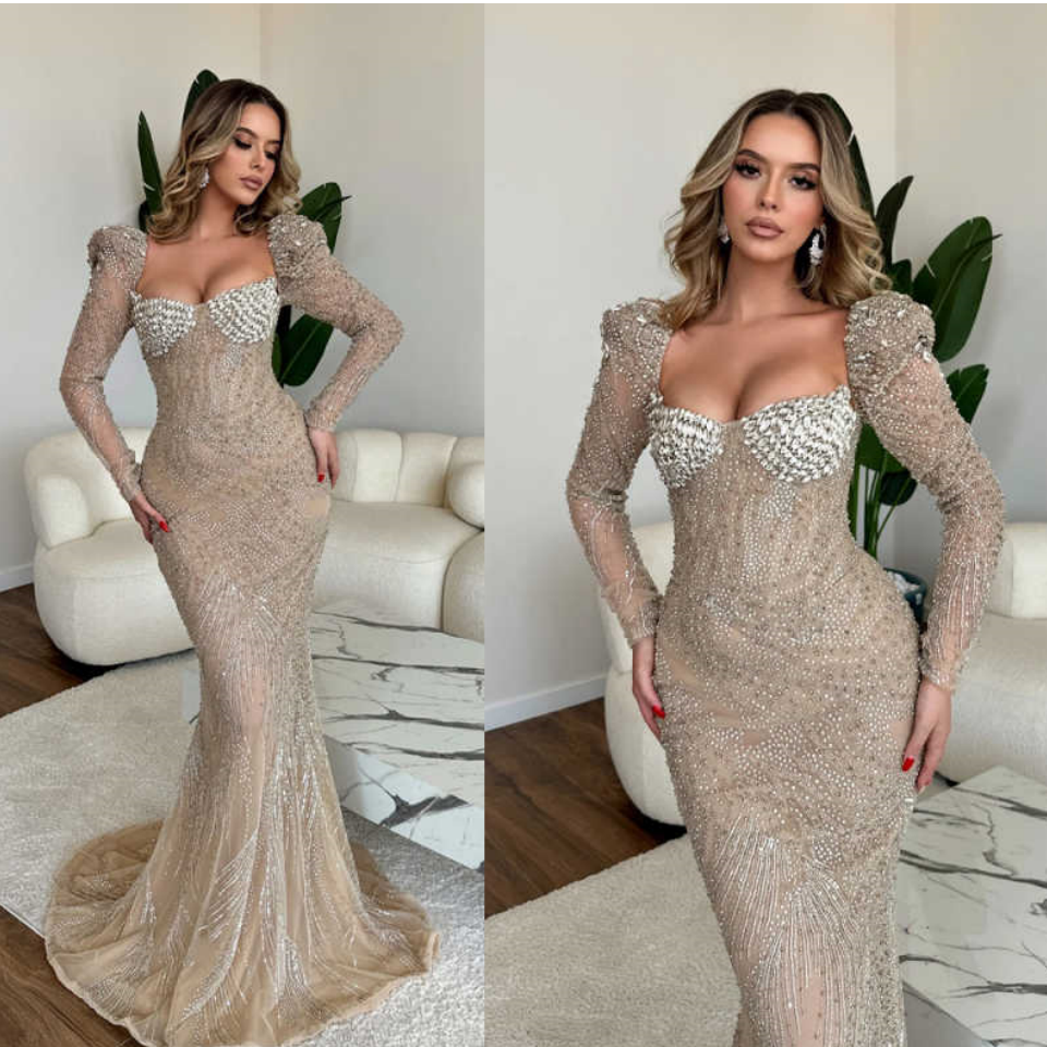 Shiny Beaded Crystal Mermaid Evening Dress Romantic Sweetheart Neck Prom Party Gown Customized Long Sleeve Prom Dresses