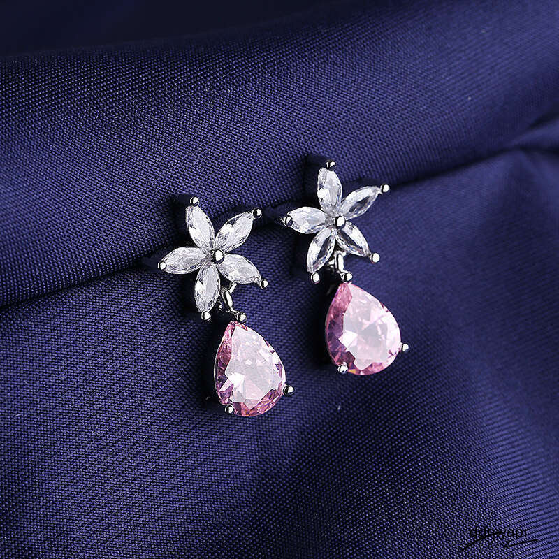 Korean Style Pink Teardrop Zircon Earrings Flower Shaped AAA Crystal Stud Jewelry For Ddmyday Women Ddmyday