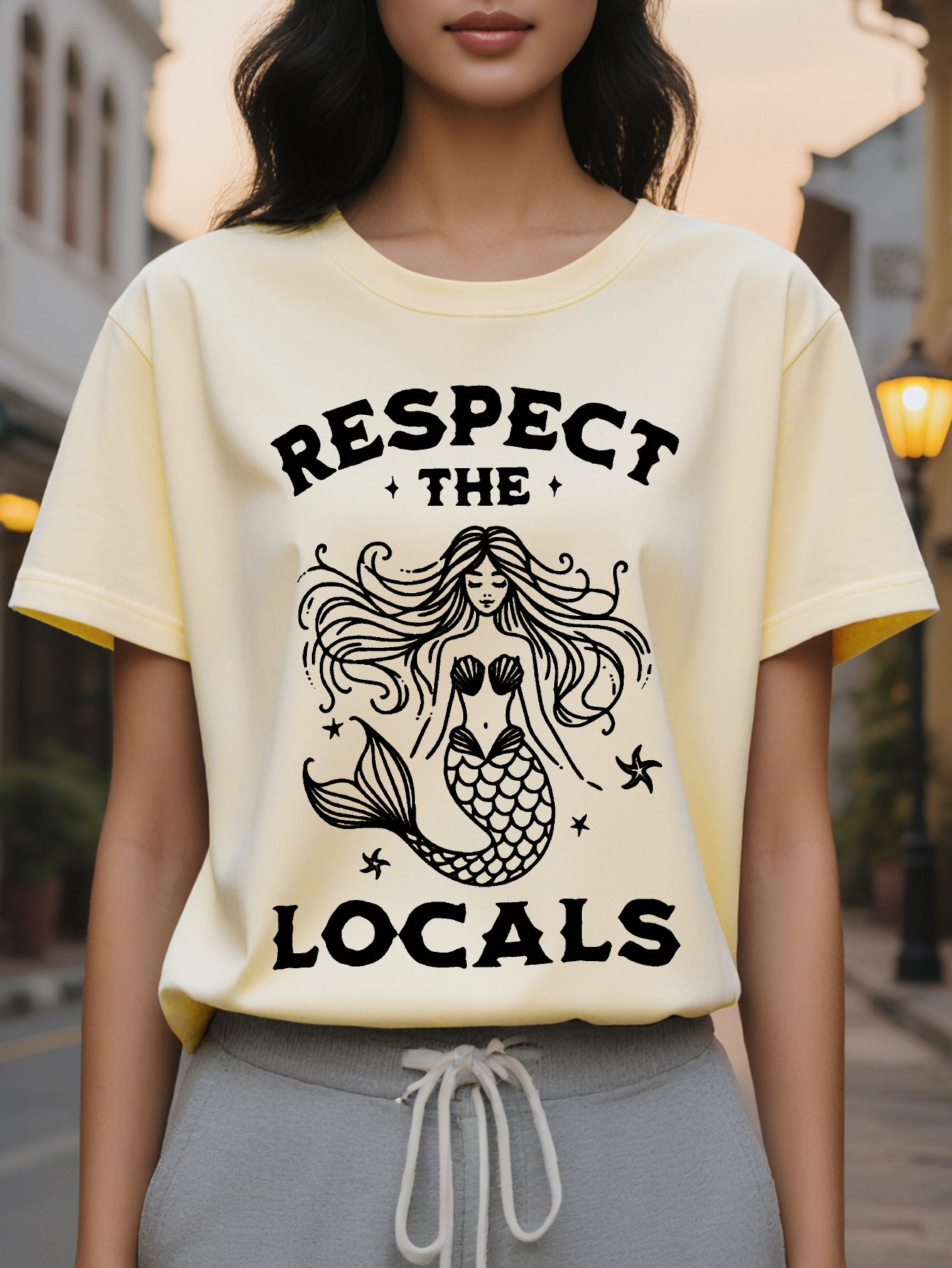 Vacation Beach Mermaid Pattern Front and Back Panel Print Fashion Casual Short Sleeves Summer Fit Crew Neck
