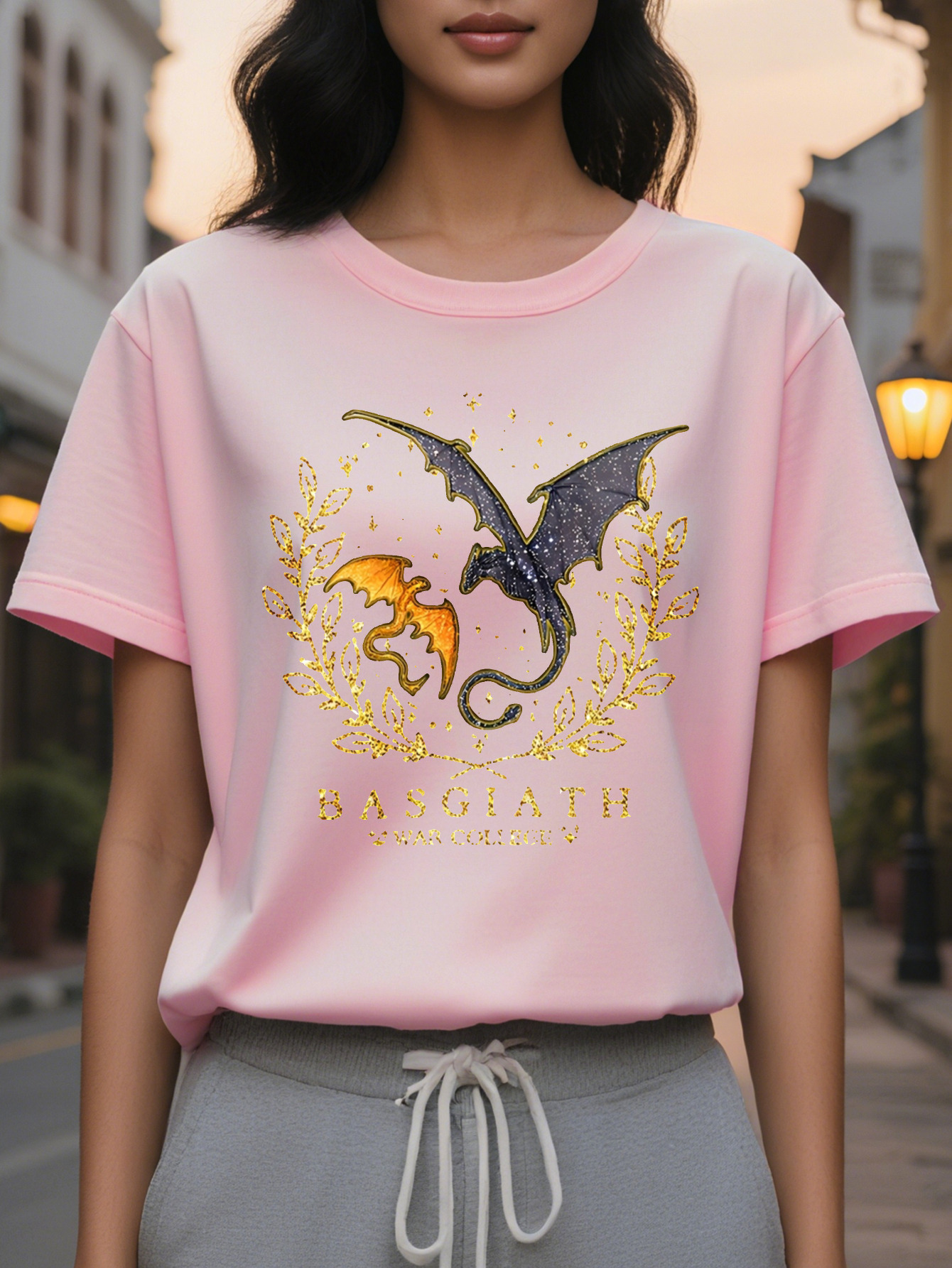 Basjiatt Women's Pattern Printed Short Sleeve T-Shirt Black Dragon Wings Design Spring and Summer Casual Round Neck