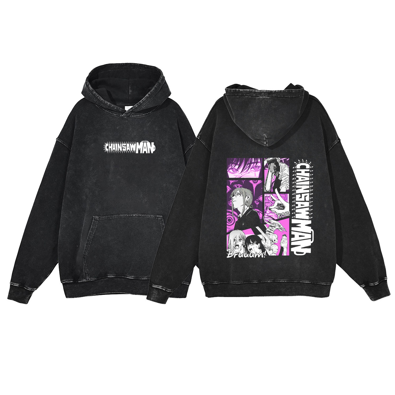 440g Heavyweight Washed Vintage Chainsaw Man Cartoon Anime Street Retro Cotton Hoodie Streetwear Hoodie - VT1558