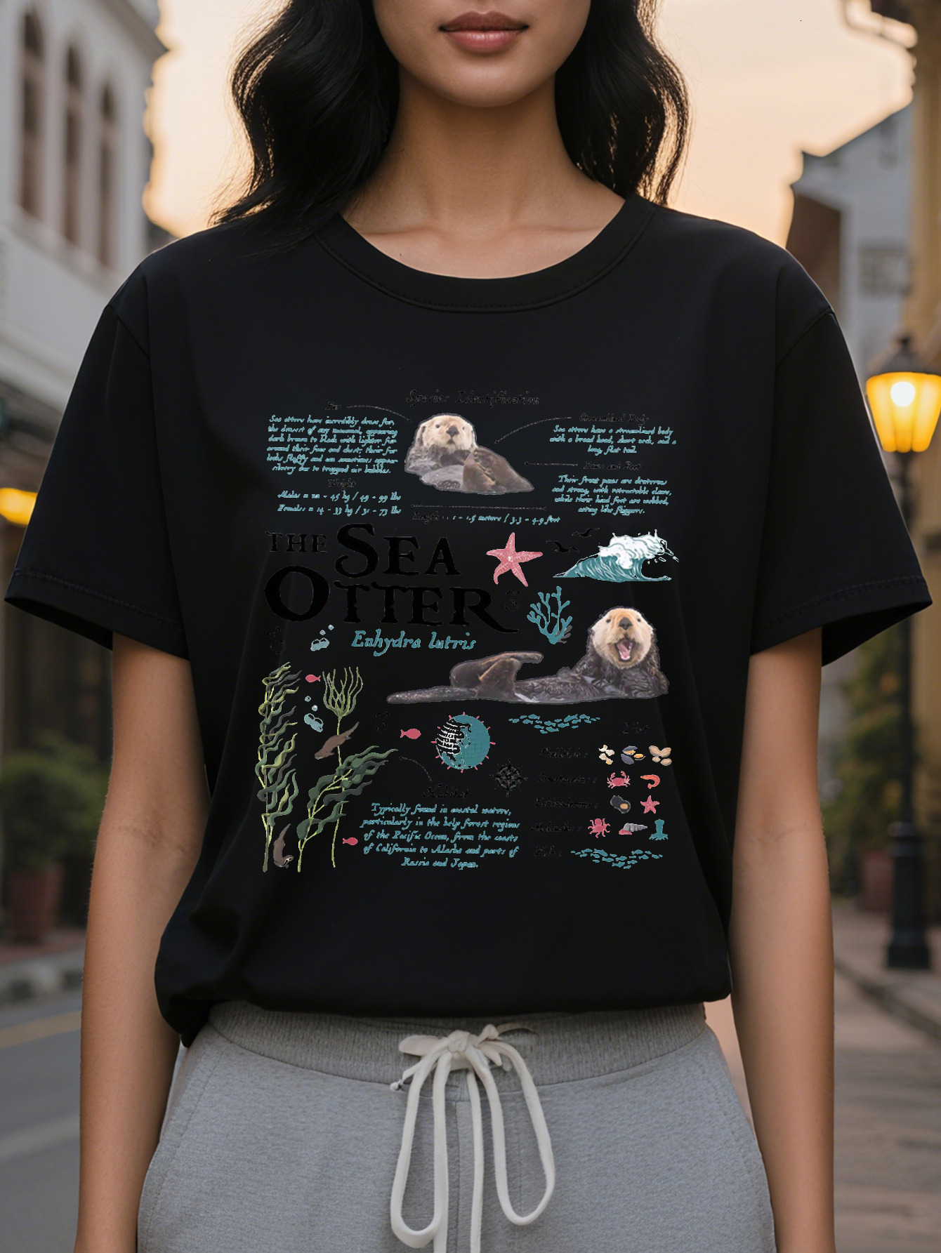 Women's Casual Sea Otter Print T-Shirt Round Neck Slim Fit Version Cotton Spring and Summer Regular Length