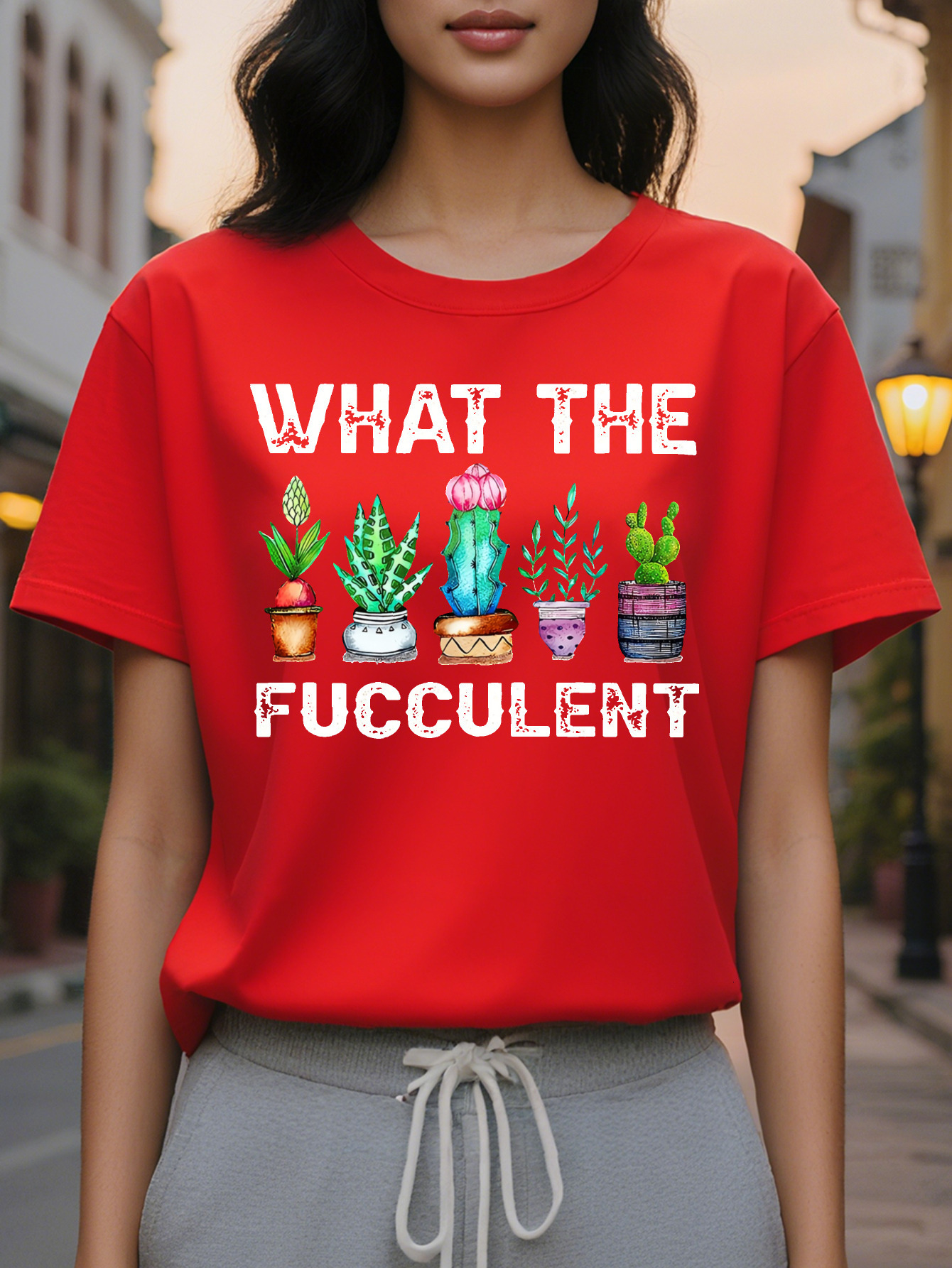 Playful Olive Green Women's Casual Short Sleeve T-Shirt WHAT THE FUCCULENT Graphic Print with Potted Plants Medium