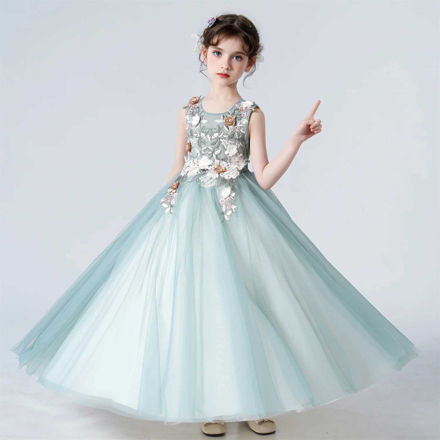Childrens Girls Dresses For Eid Luxury Party Princess Dress 4-12 Years Old Kids Girl Long Dress Robe Tulle Green Clothing Z250904