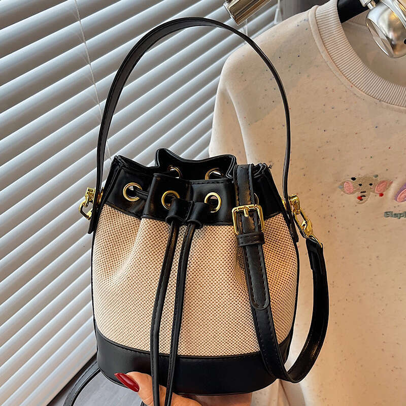2025 Summer Fashion Women's Niche High End Color Block Bucket Bag Retro Textured Single Shoulder Crossbody Handheld Bag