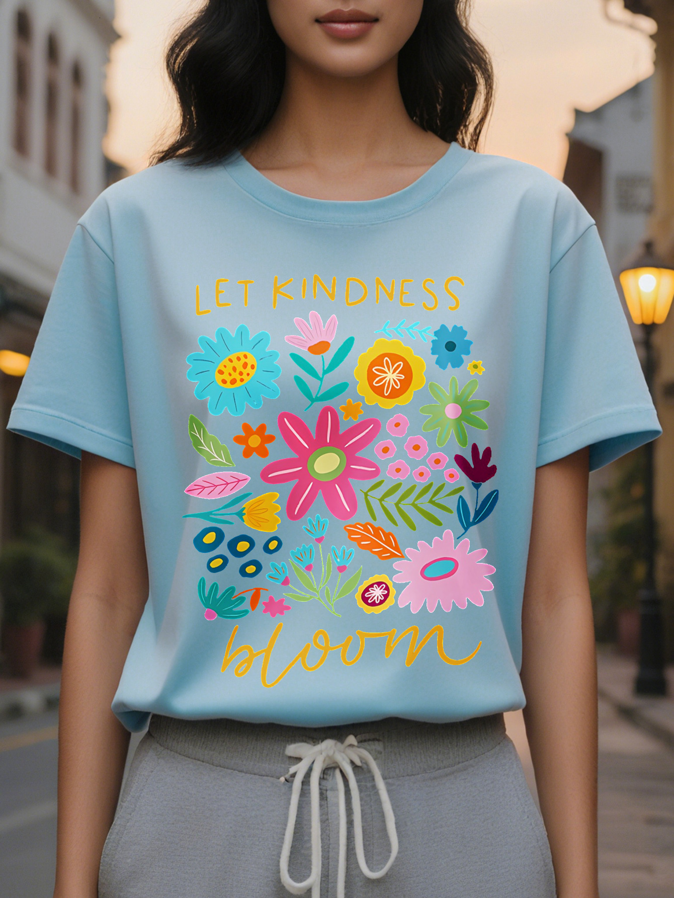 Large XL Women S Casual Floral Print T-Shirt Let Kindness Bloom Design with Vibrant Flowers Short Sleeve Crew Neck Perfect Plus Size